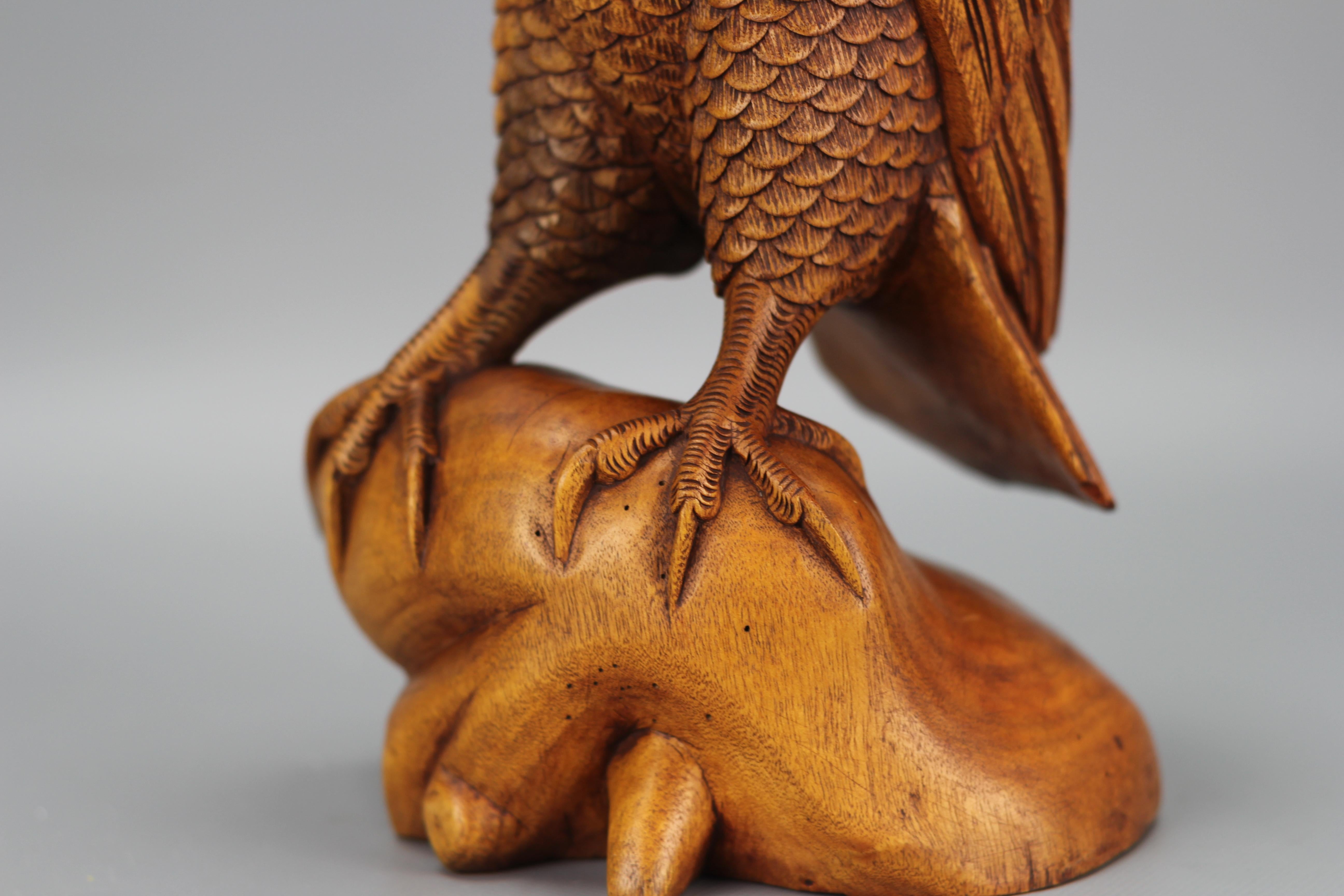 Hand-Carved Light-Brown Wooden Owl Sculpture  For Sale 2