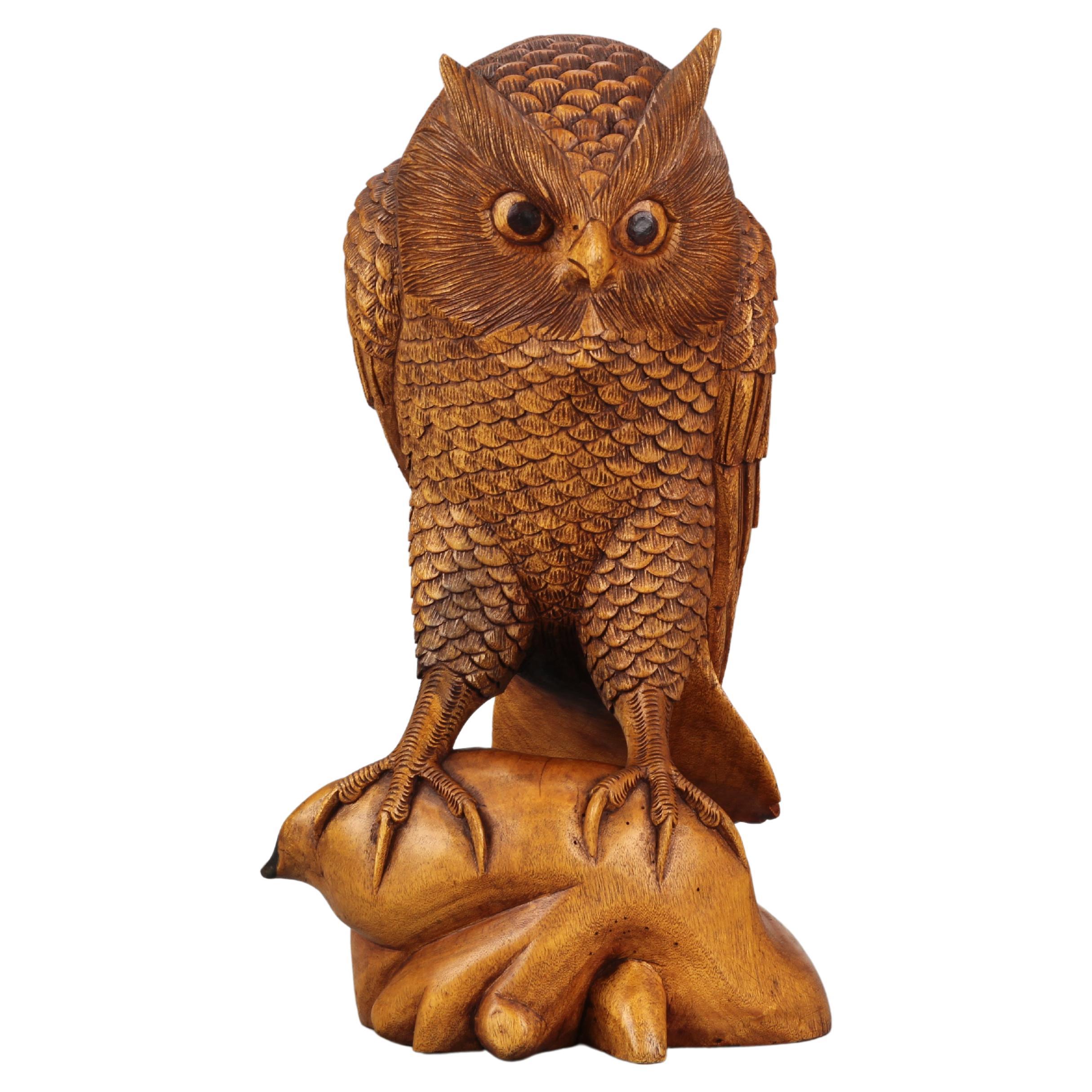 Hand-Carved Light-Brown Wooden Owl Sculpture 