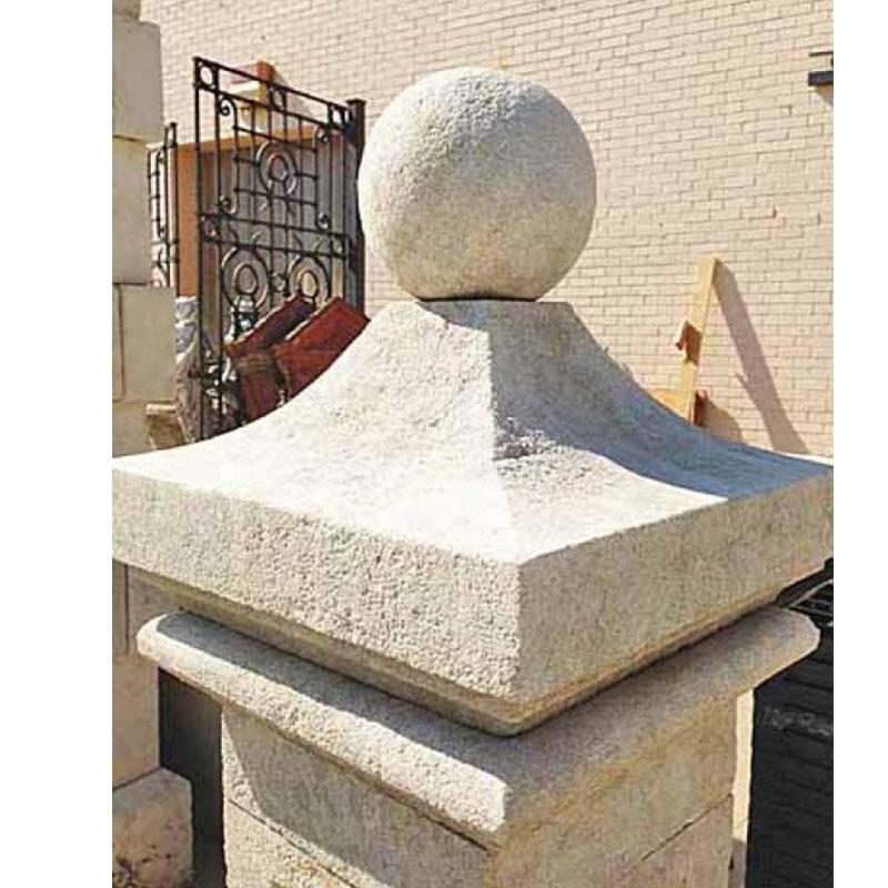 Here we offer a hand carved limestone fountain with four iron down spouts. The water exits are detail carved with an intricate design around the opening and each spouted side is carved back to an inset panel. The crown rises up to support a