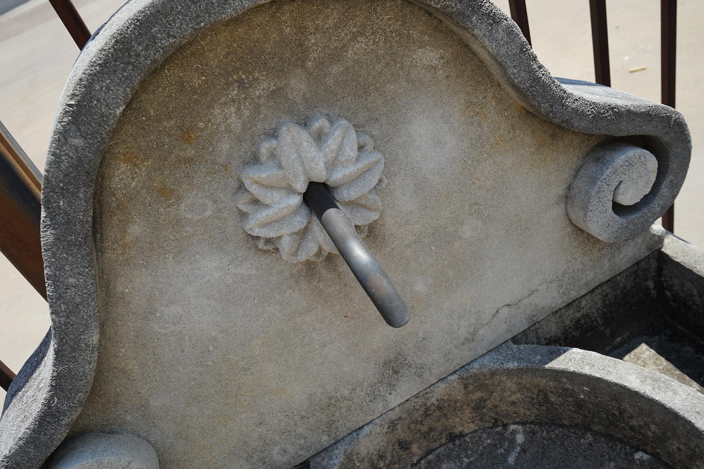 French Hand Carved Limestone Lily Wall Fountain