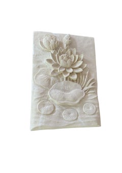 Hand-Carved Limestone Lotus Flower Relief Sculpture Wall Panel