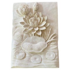 Hand-Carved Limestone Lotus Flower Relief Sculpture Wall Panel