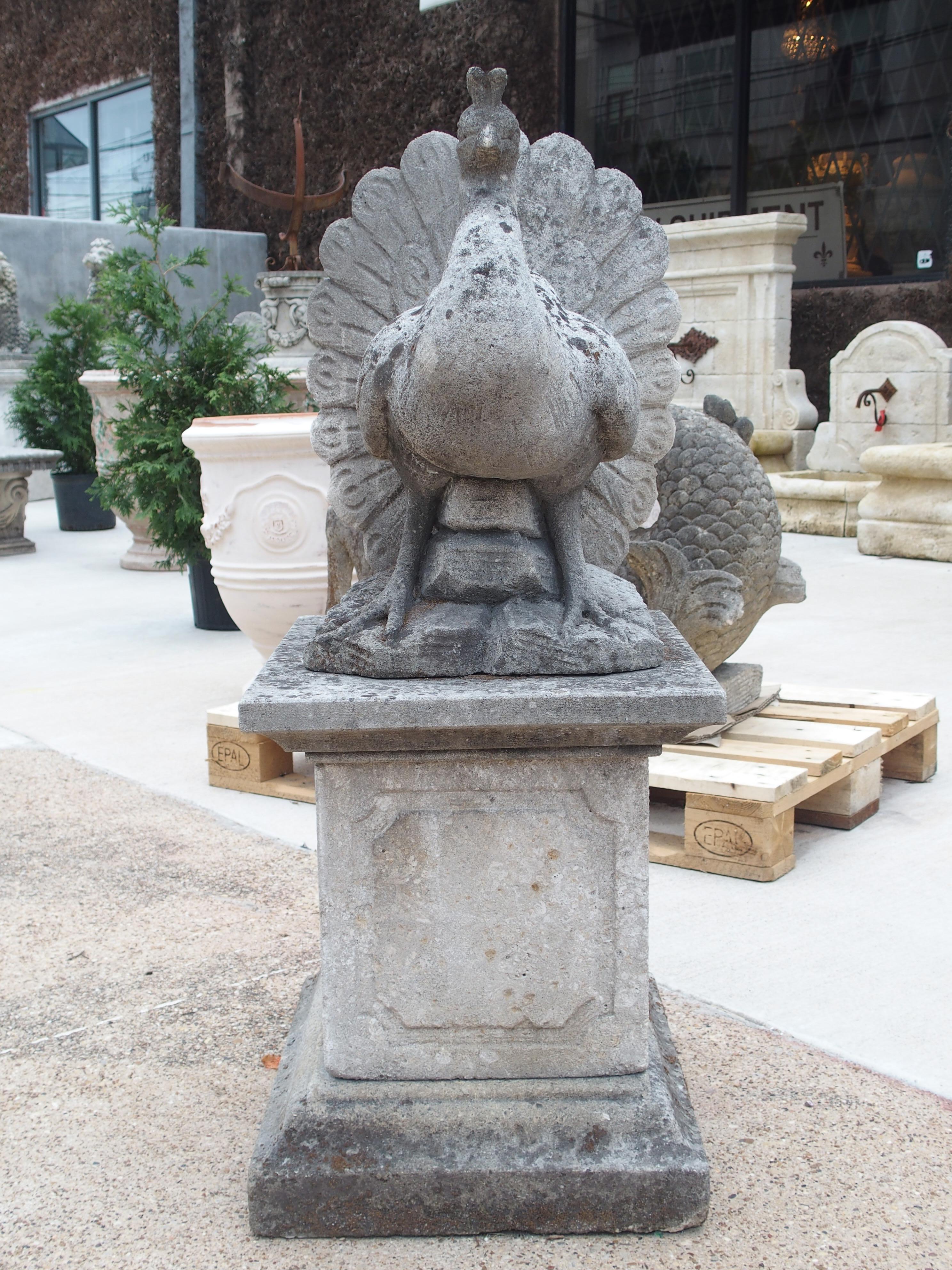 Hand-Carved Hand Carved Limestone Peacock on Plinth