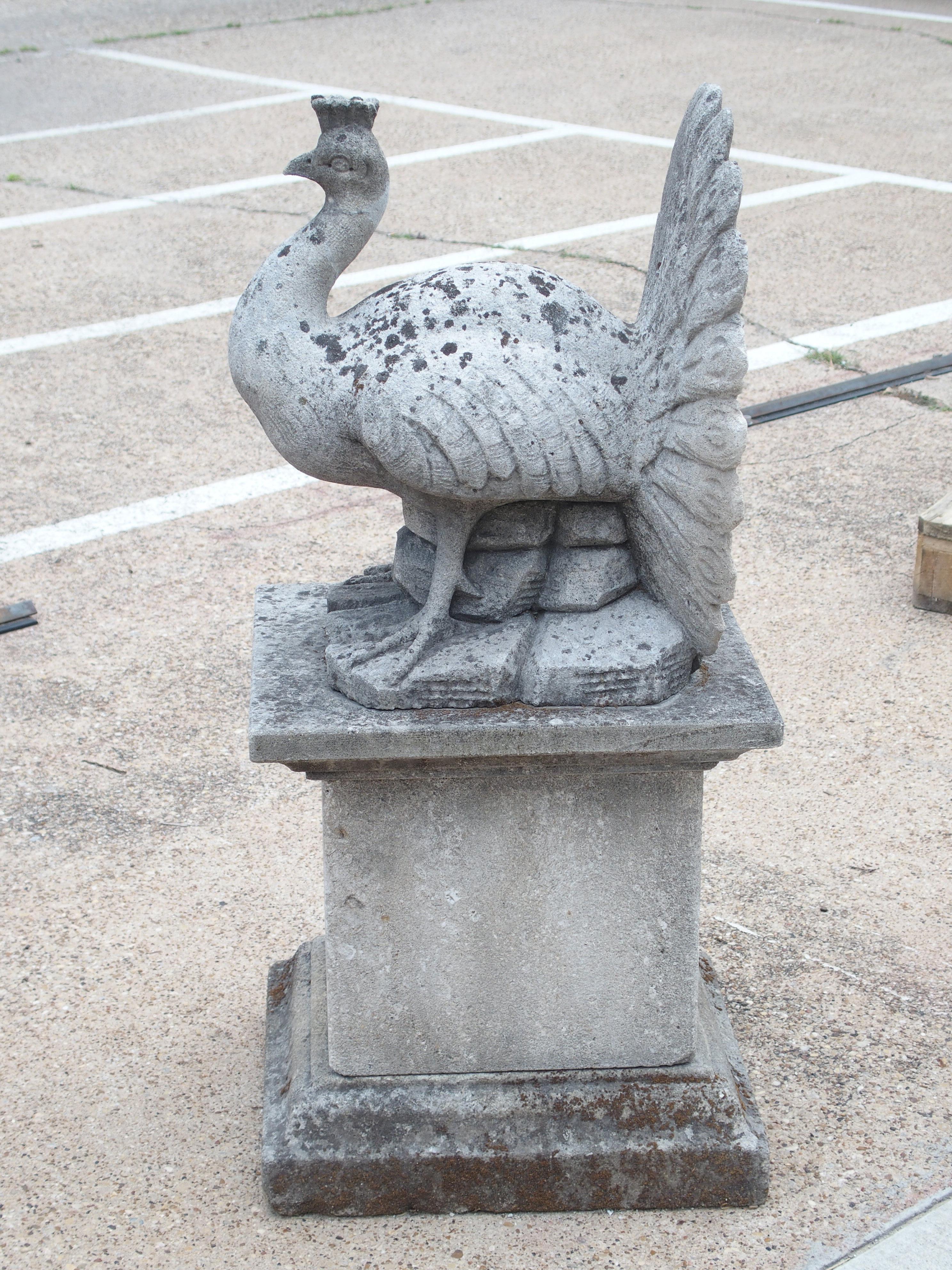 Hand Carved Limestone Peacock on Plinth 2