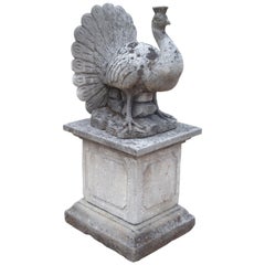 Hand Carved Limestone Peacock on Plinth