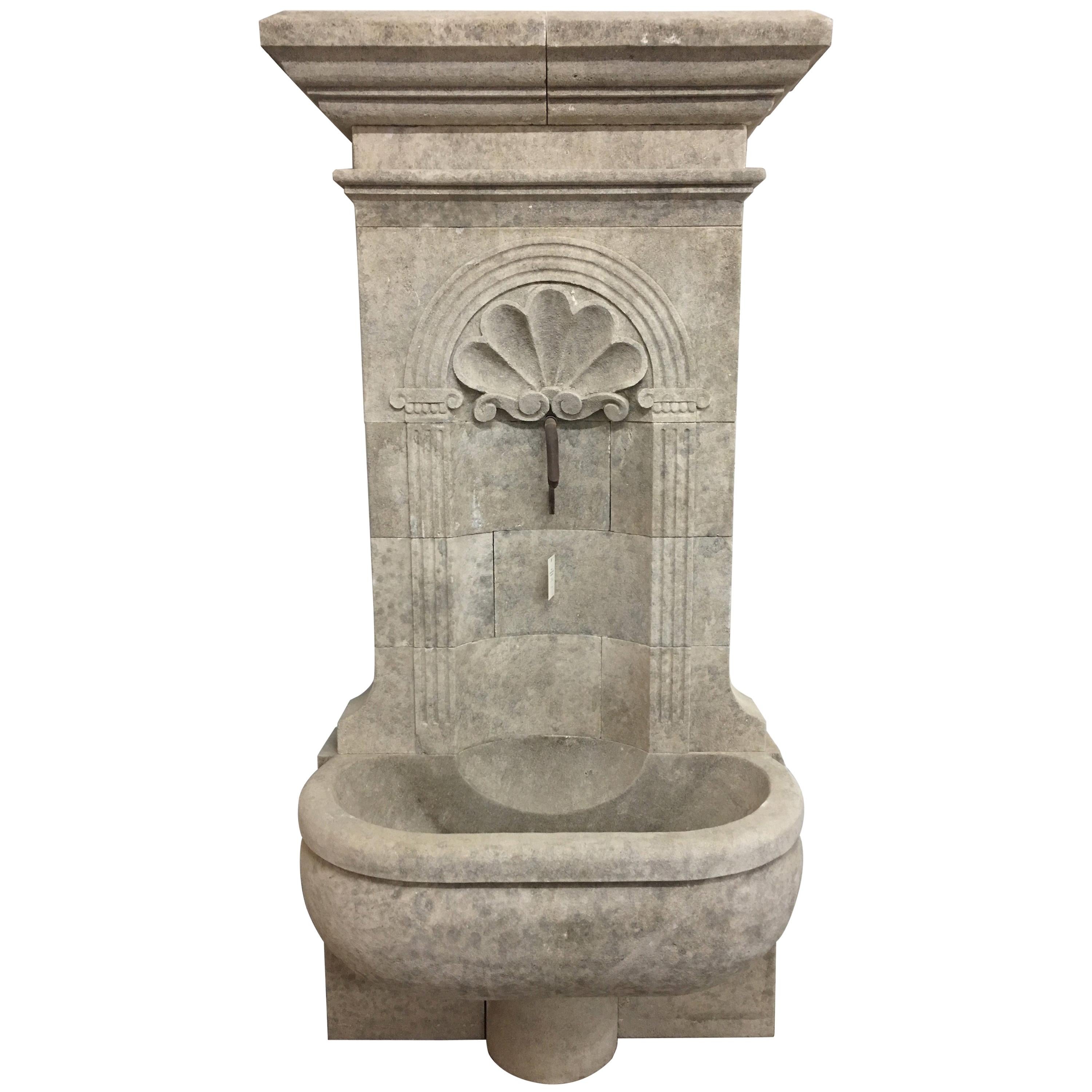 Hand Carved Limestone Wall Fountain