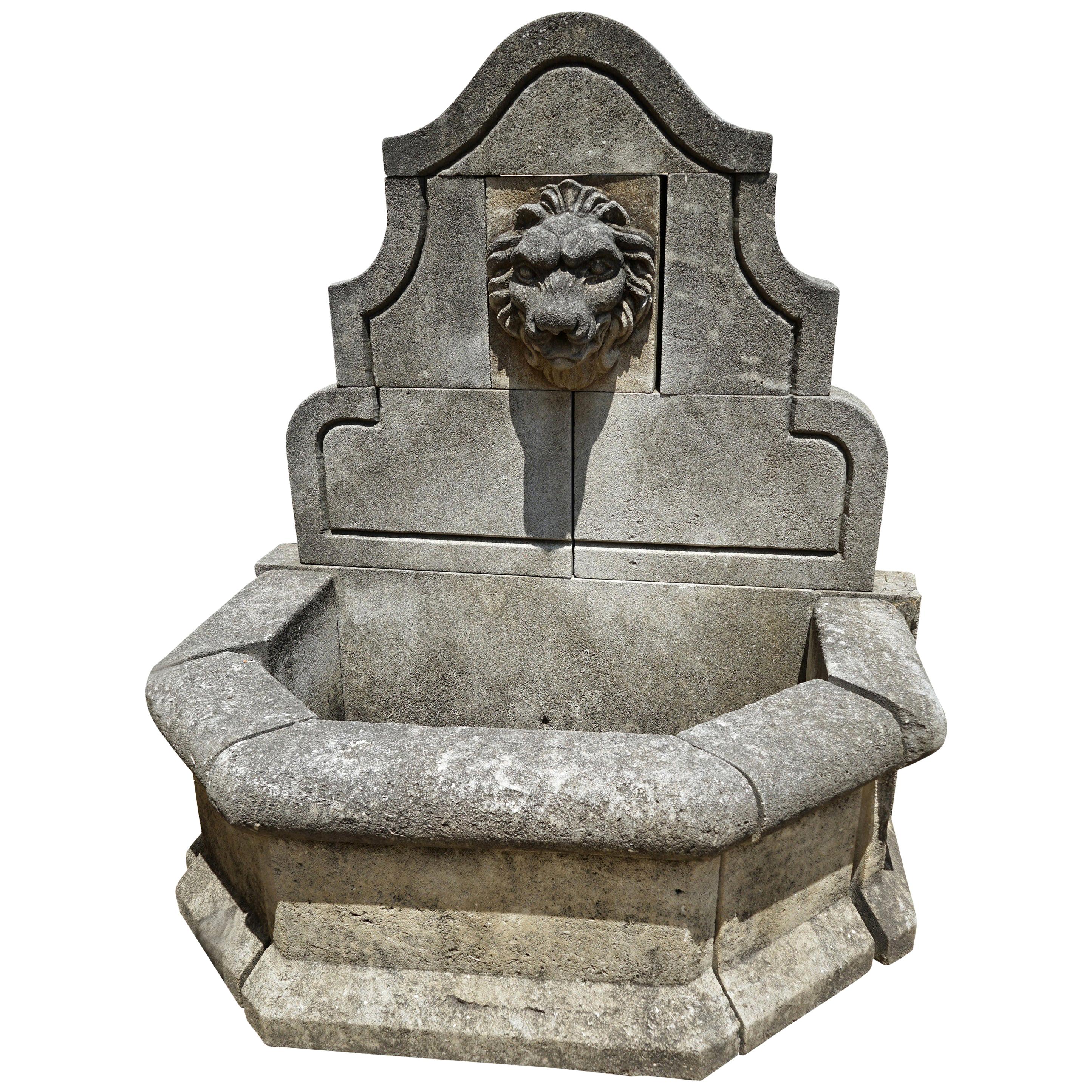 Hand Carved Limestone Wall Fountain with Lion Medallion For Sale