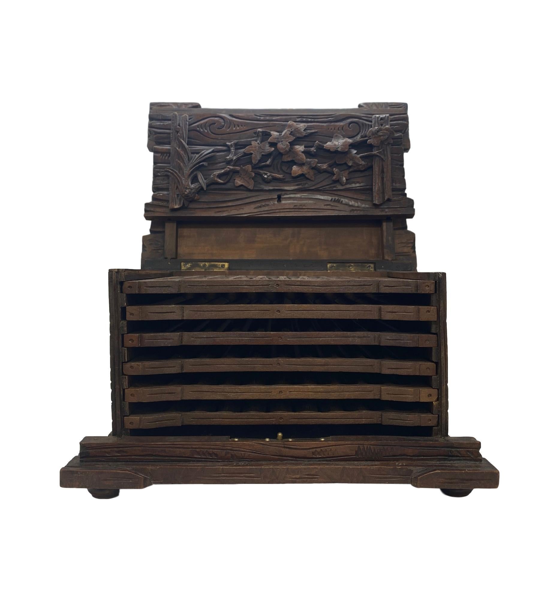 Hand-Carved Hand Carved Linden Wood Black Forest Cigar Box Humidor, Swiss, circa 1880