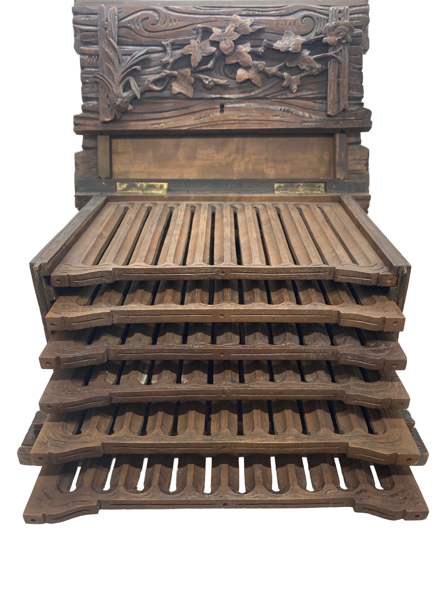 Hand Carved Linden Wood Black Forest Cigar Box Humidor, Swiss, circa 1880 In Good Condition In Banner Elk, NC