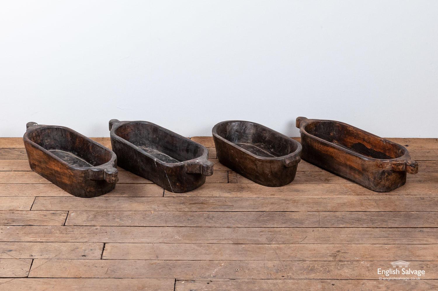 Carved Indian rustic hardwood long bowls with handles. Good weight to them. Being hand carved each piece will be slightly different in size and style - no two will be the same. Great for storage or display or even as plant pot holders. Measurements
