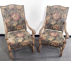 Hand Carved Louis XIV Style Needlepoint Tapestry High Back Arm Chairs, a Pair