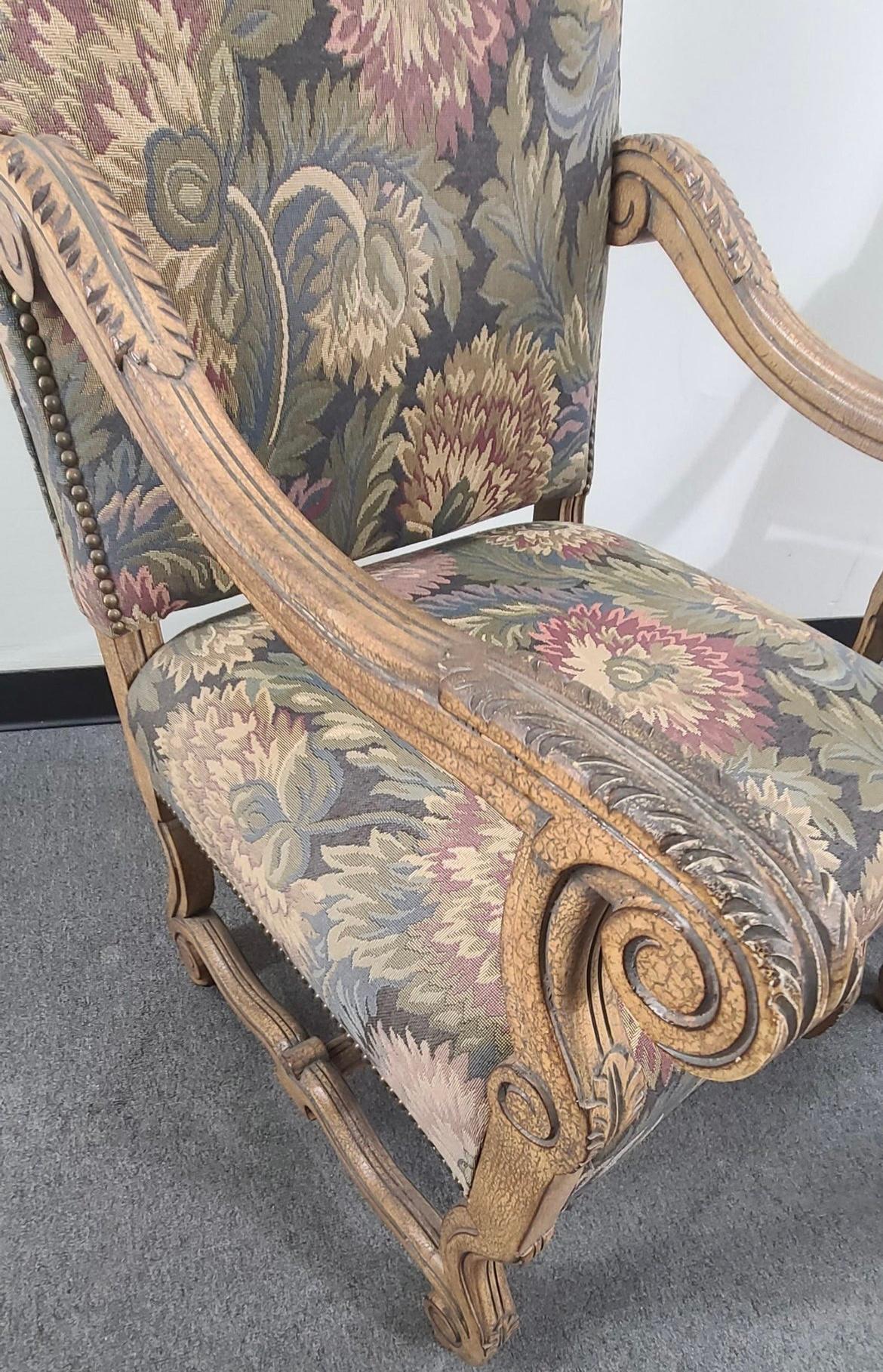 Hand Carved Louis XIV Style Needlepoint Tapestry High Back Arm Chairs, a Pair In Good Condition For Sale In Orange, CA