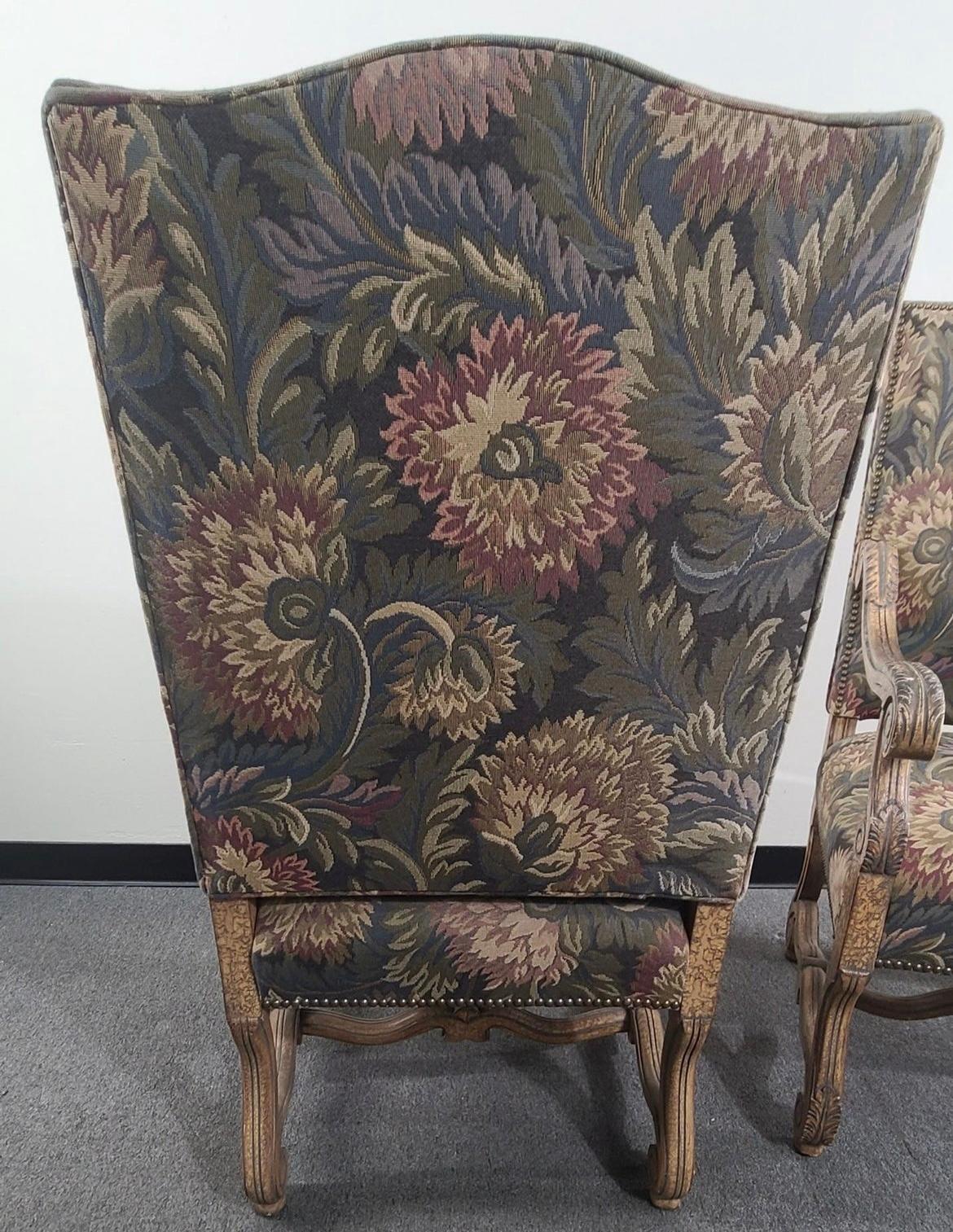 Wood Hand Carved Louis XIV Style Needlepoint Tapestry High Back Arm Chairs, a Pair For Sale