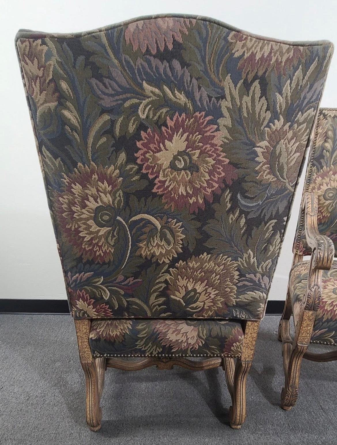 Hand Carved Louis XIV Style Needlepoint Tapestry High Back Arm Chairs, a Pair For Sale 1