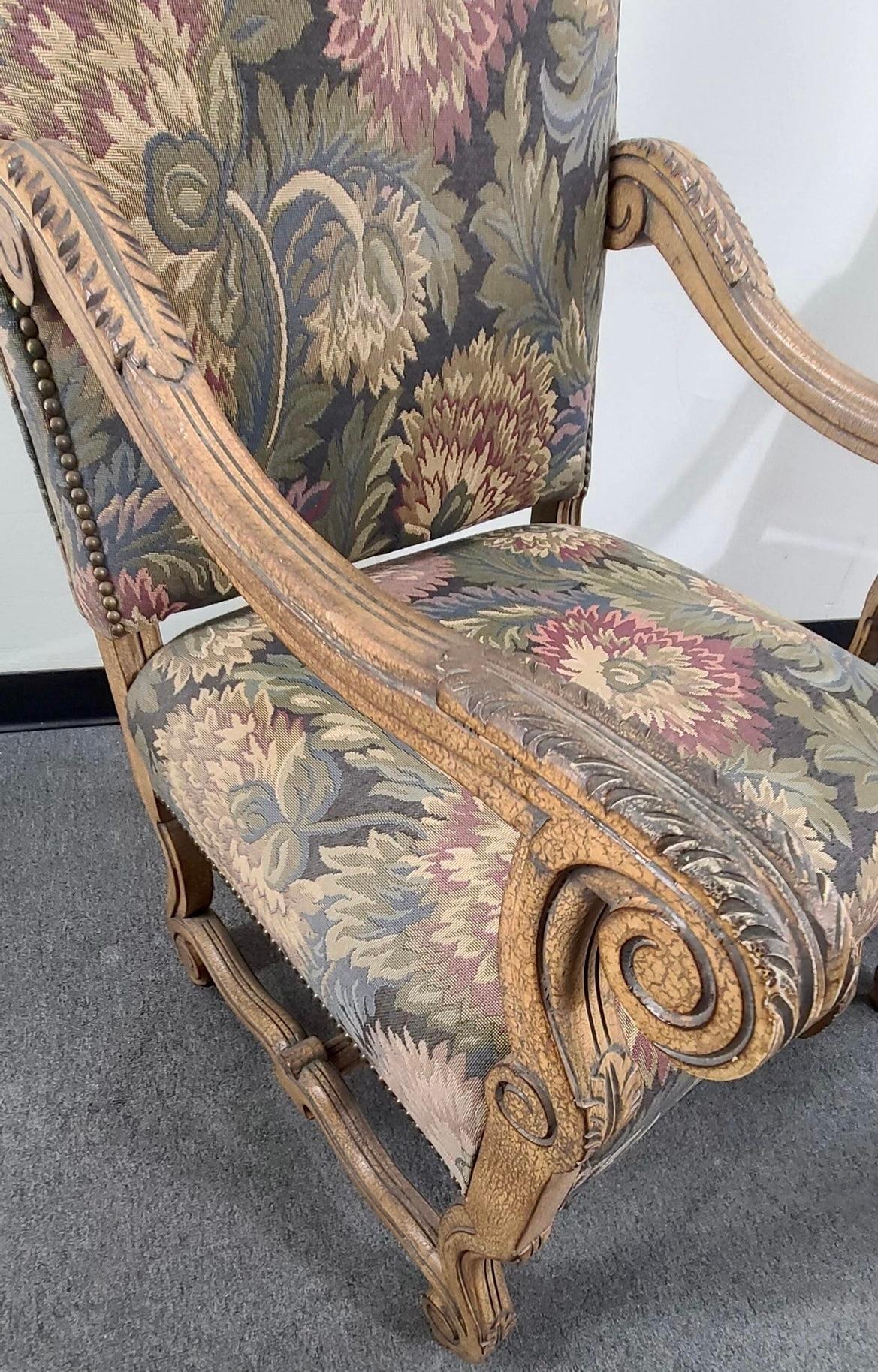 Hand Carved Louis XIV Style Needlepoint Tapestry High Back Arm Chairs, a Pair For Sale 2