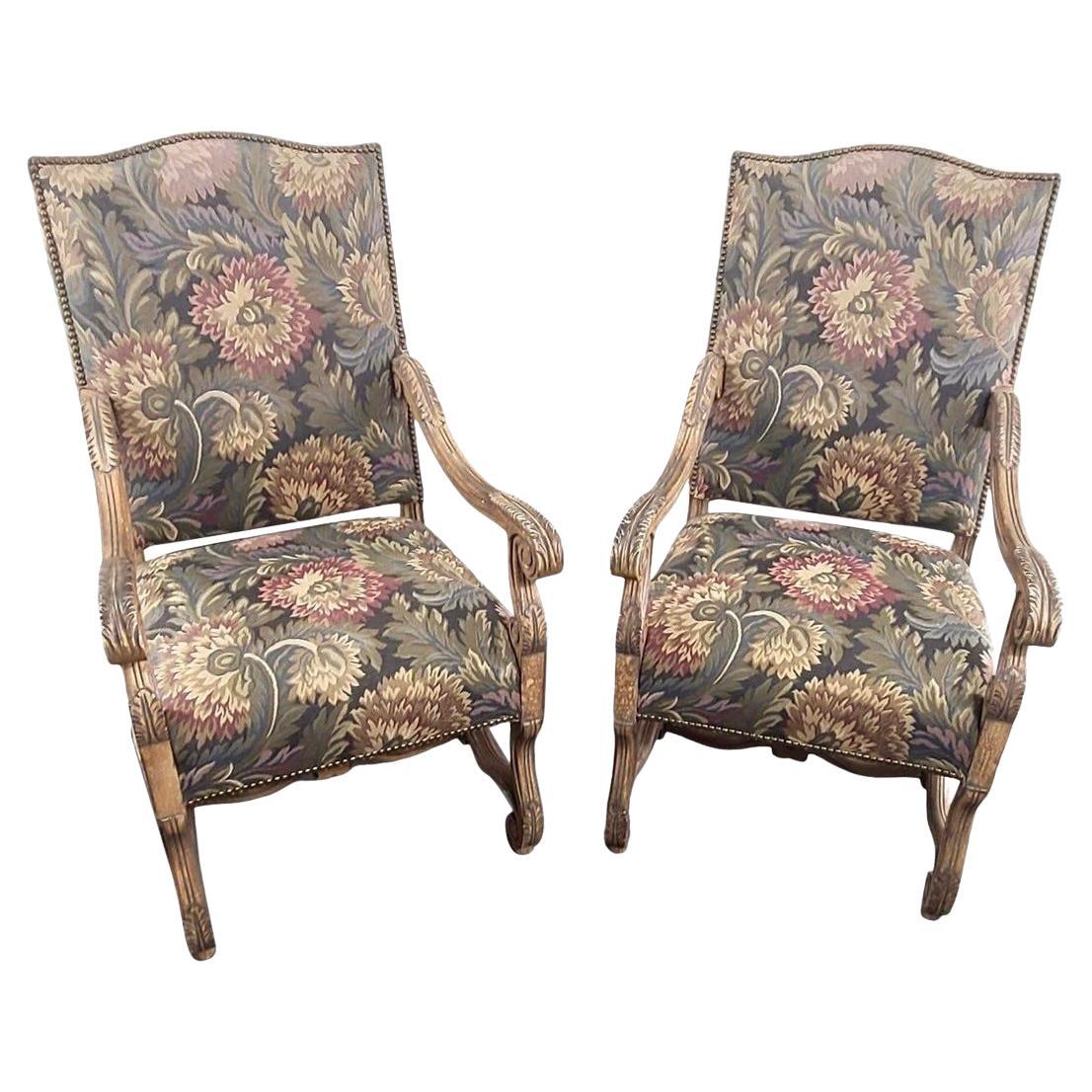 Hand Carved Louis XIV Style Needlepoint Tapestry High Back Arm Chairs, a Pair For Sale