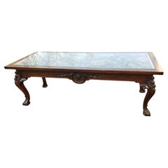 Hand Carved Mahogany Coffee Table W Glass Top Insert over Handmade Fabric