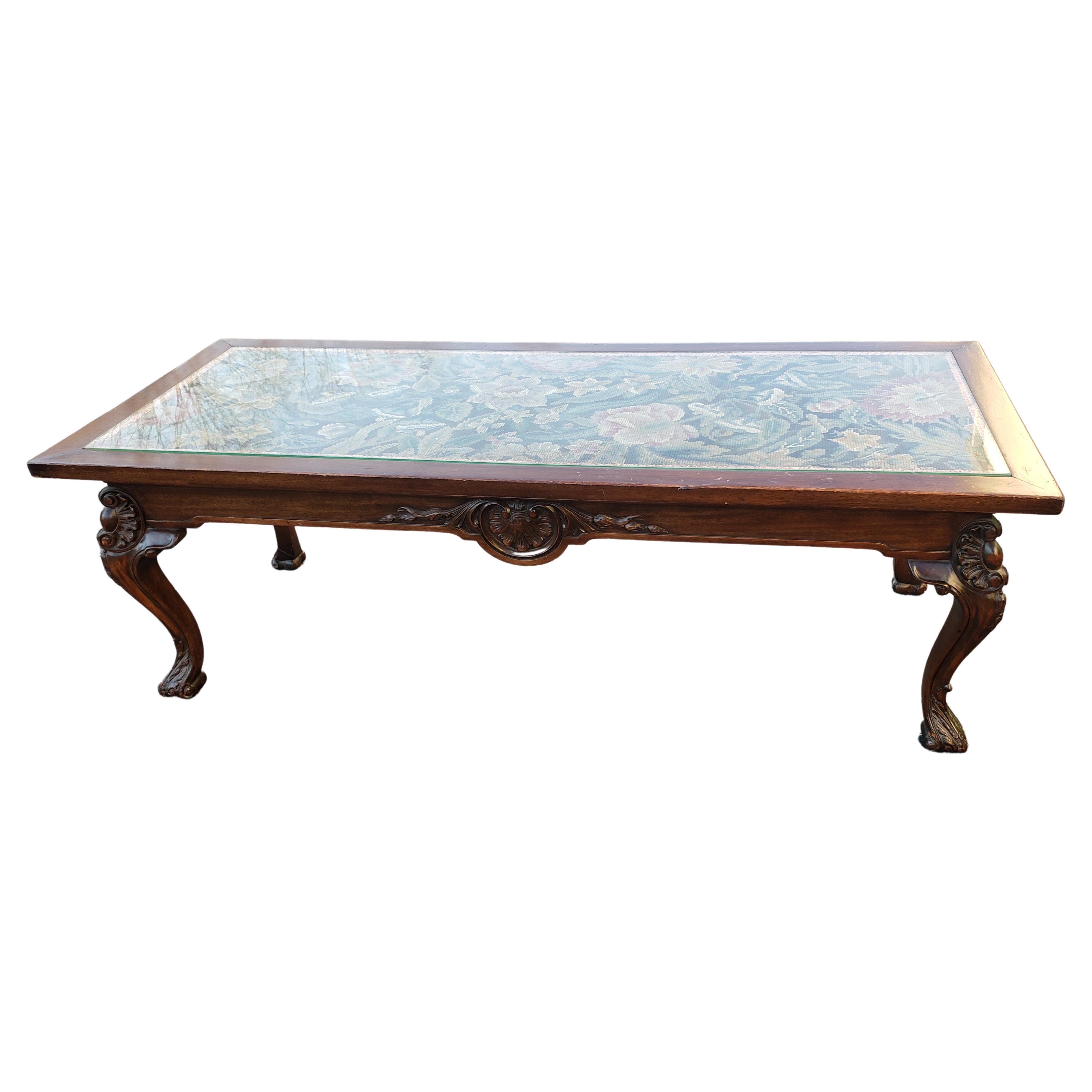 Hand Carved Mahogany Coffee Table W Glass Top Insert over Handmade Fabric For Sale