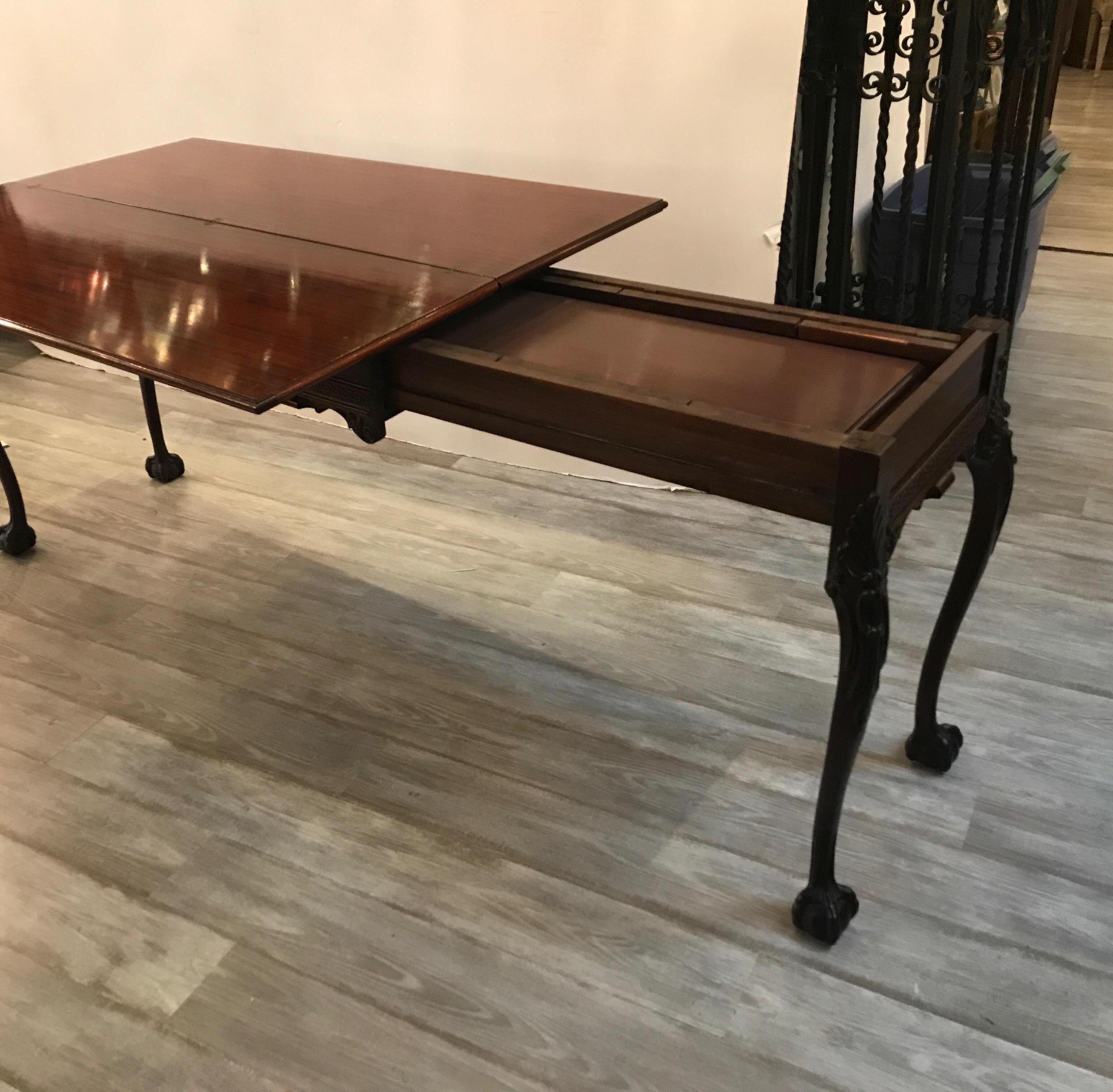 Hand Carved Mahogany Console Table Opens to a Dining Table 3