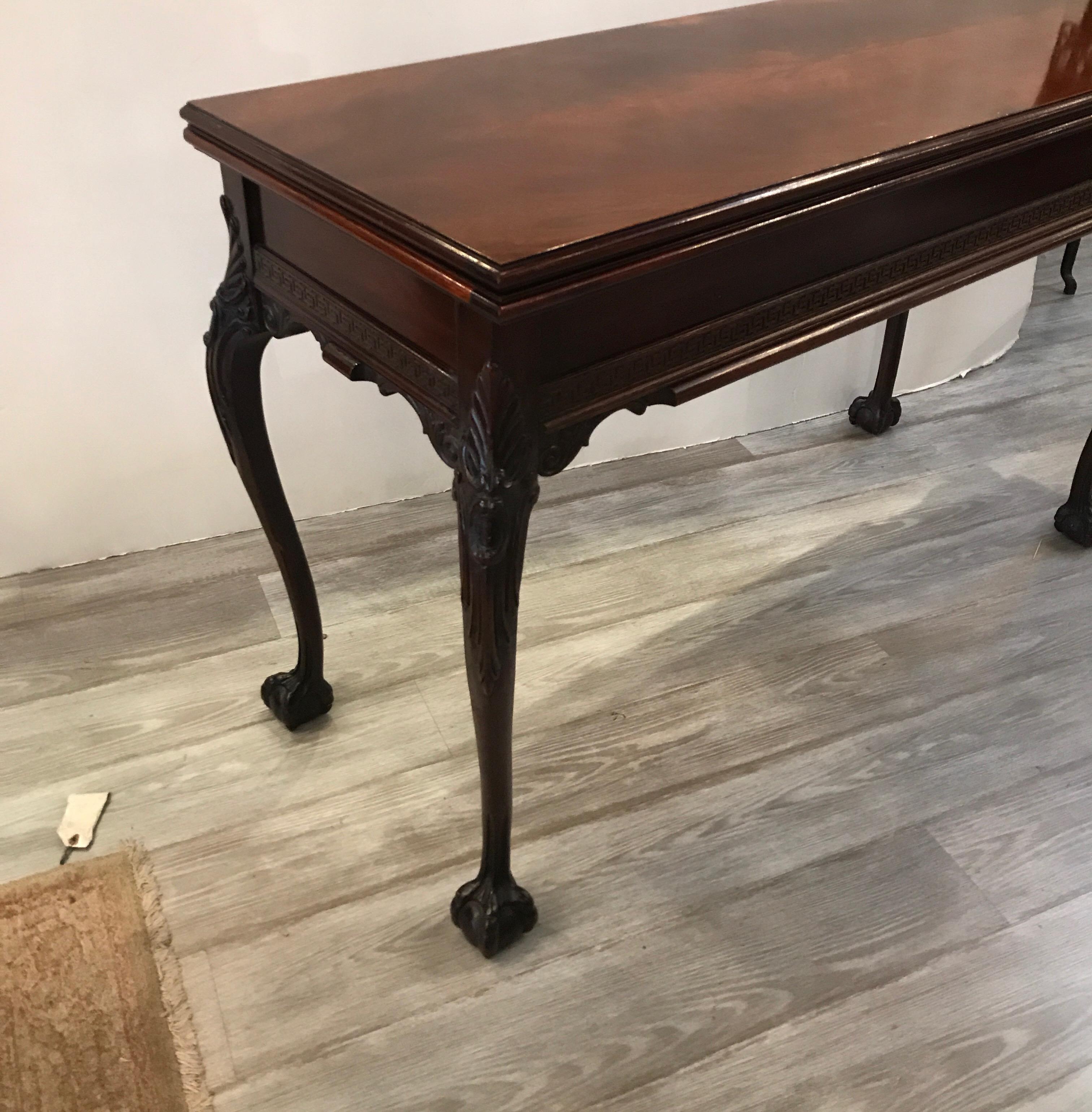 Chippendale Hand Carved Mahogany Console Table Opens to a Dining Table. 
