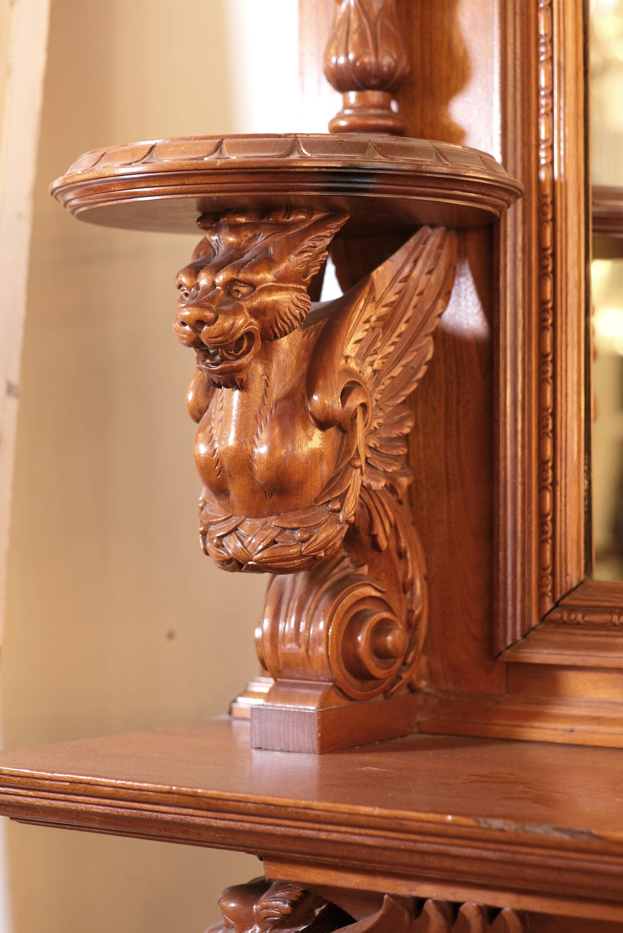 Hand Carved Mahogany Double Decker Mantel 4 Griffins In Good Condition For Sale In New York, NY