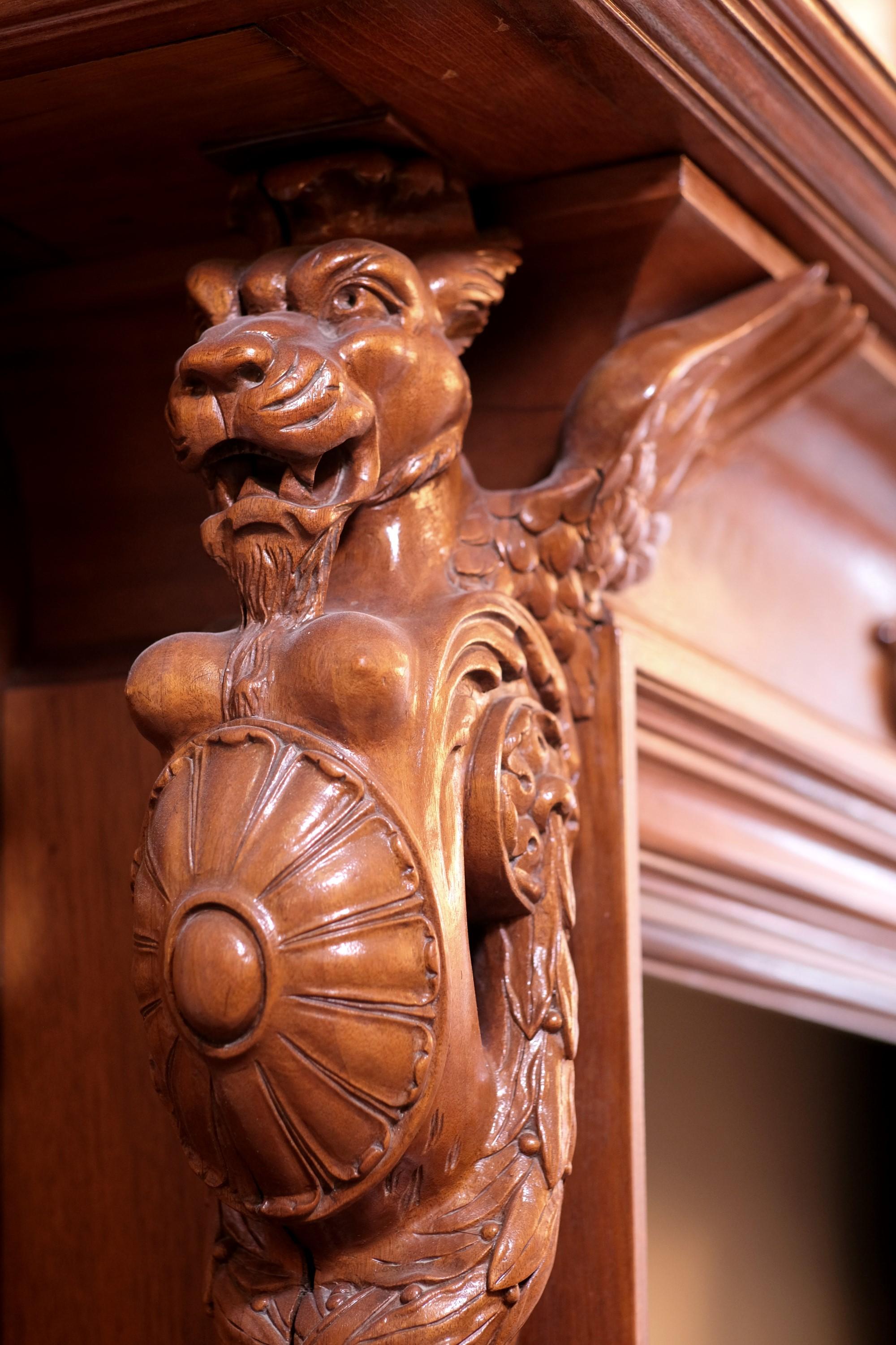 Hand Carved Mahogany Double Decker Mantel 4 Griffins For Sale 1