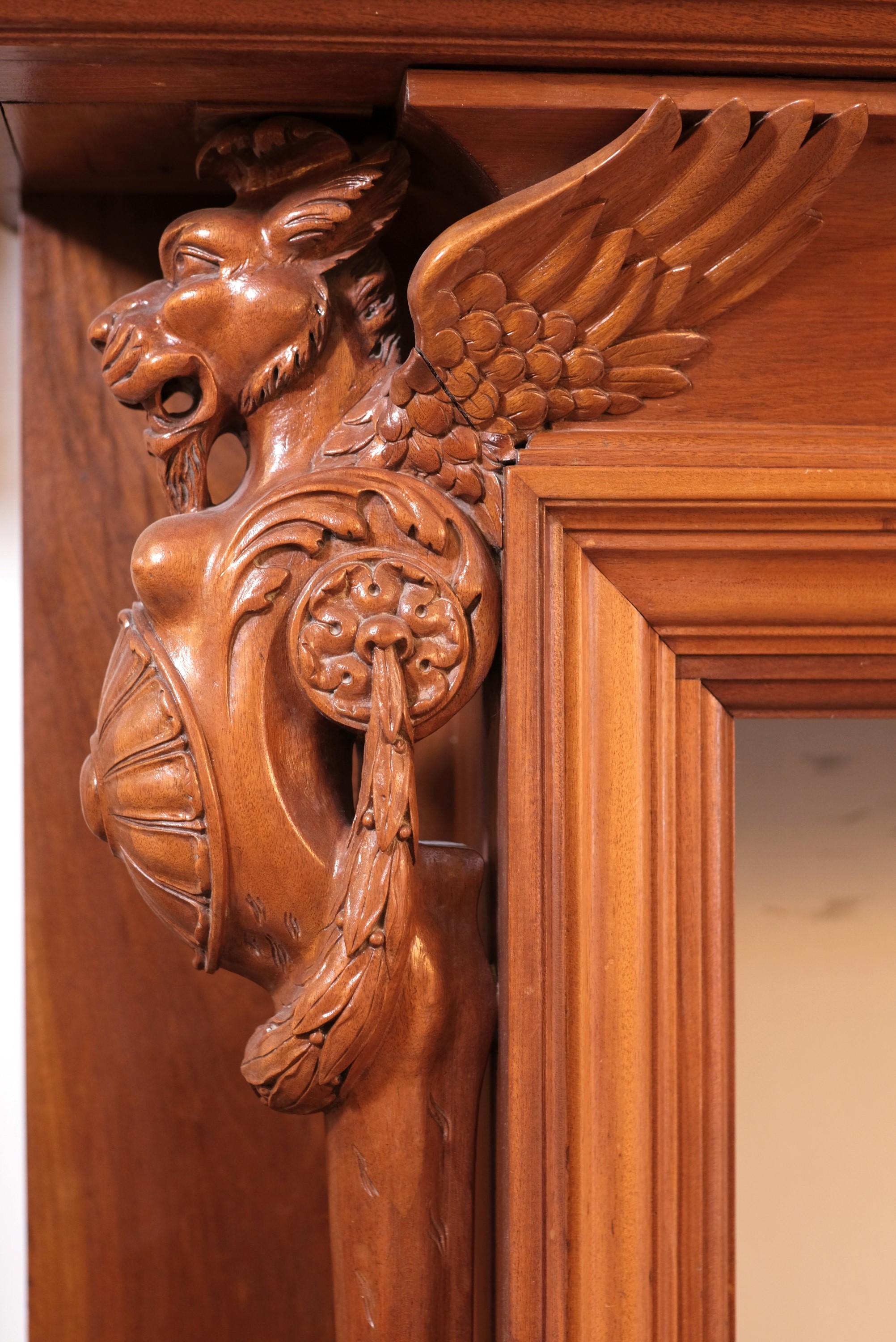 Hand Carved Mahogany Double Decker Mantel 4 Griffins For Sale 2