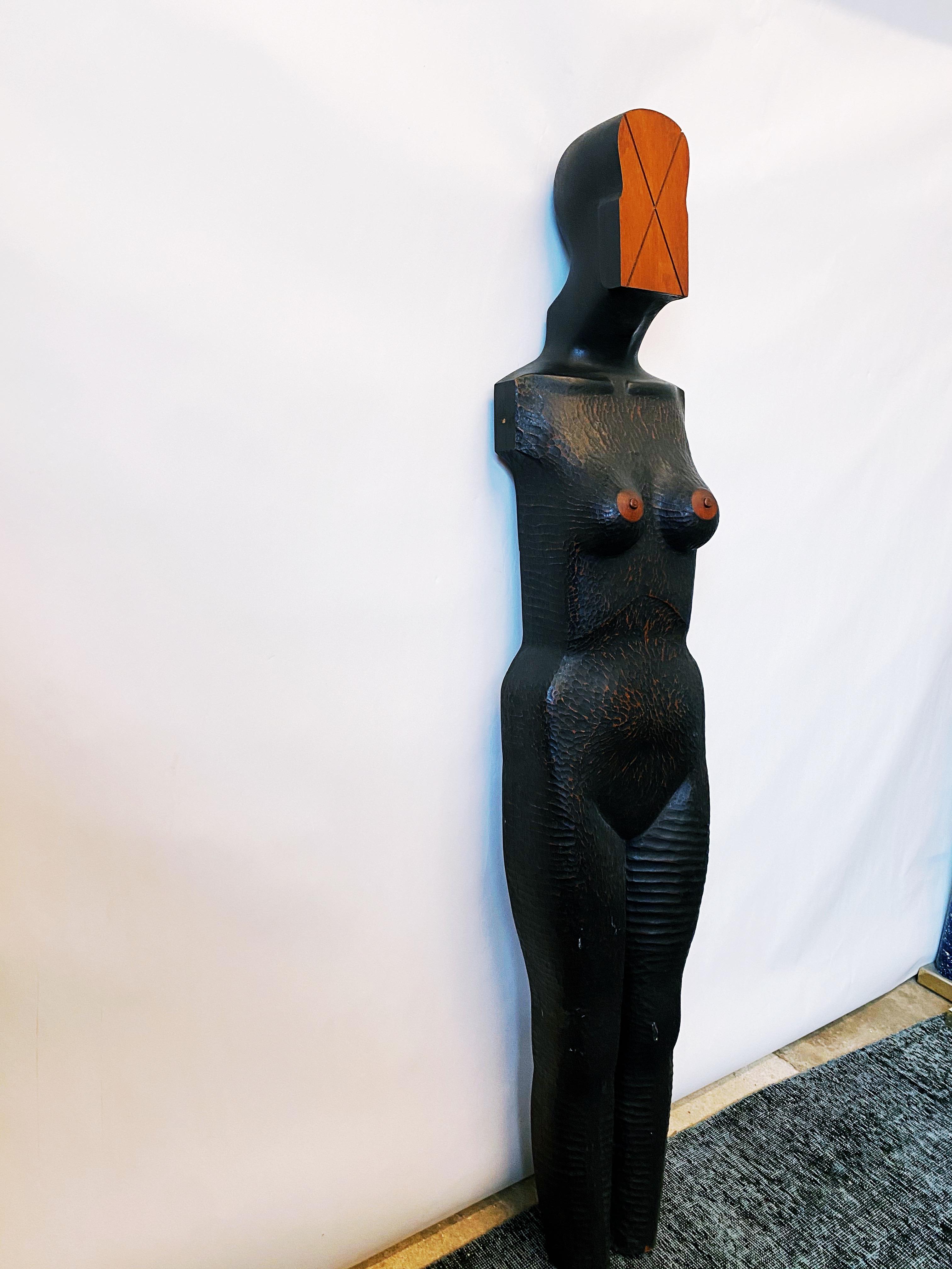 Vintage 1980s Jim Pruitt Hand Carved Mahogany Female Figurative Large Sculpture For Sale 1