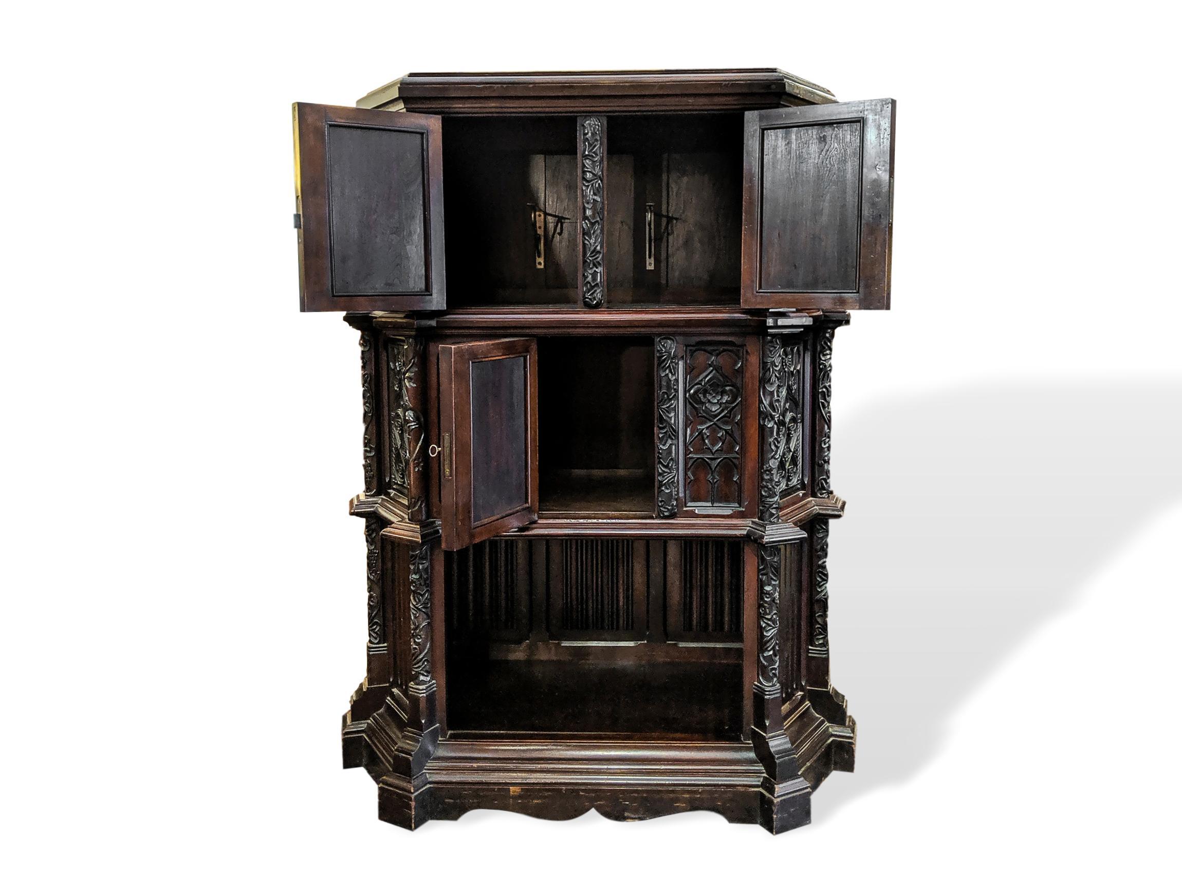 Belgian Hand Carved Mahogany Gothic Revival Cabinet Court Cupboard, Belgium, circa 1880