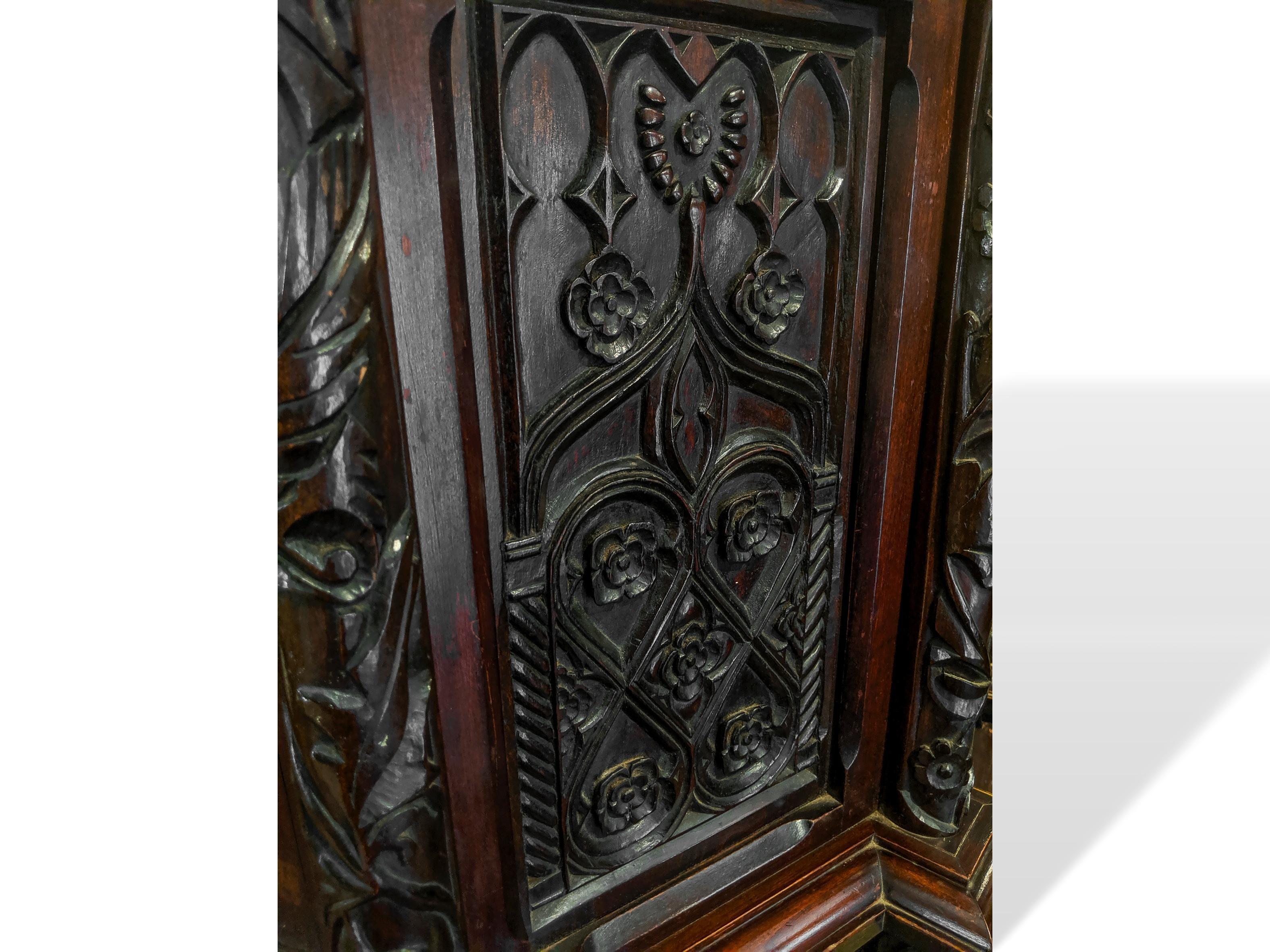 Hand Carved Mahogany Gothic Revival Cabinet Court Cupboard, Belgium, circa 1880 In Good Condition In Banner Elk, NC