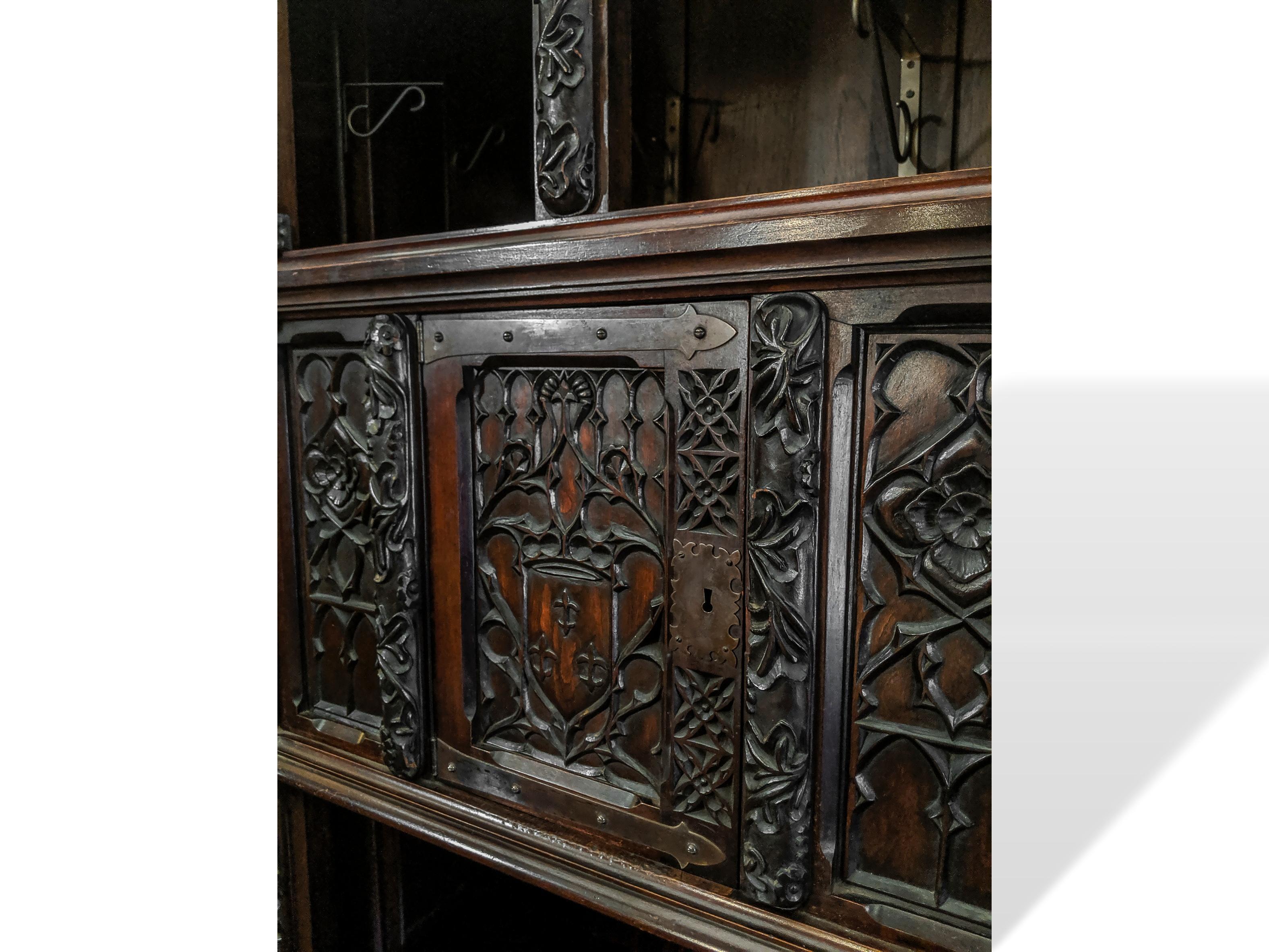 Late 19th Century Hand Carved Mahogany Gothic Revival Cabinet Court Cupboard, Belgium, circa 1880
