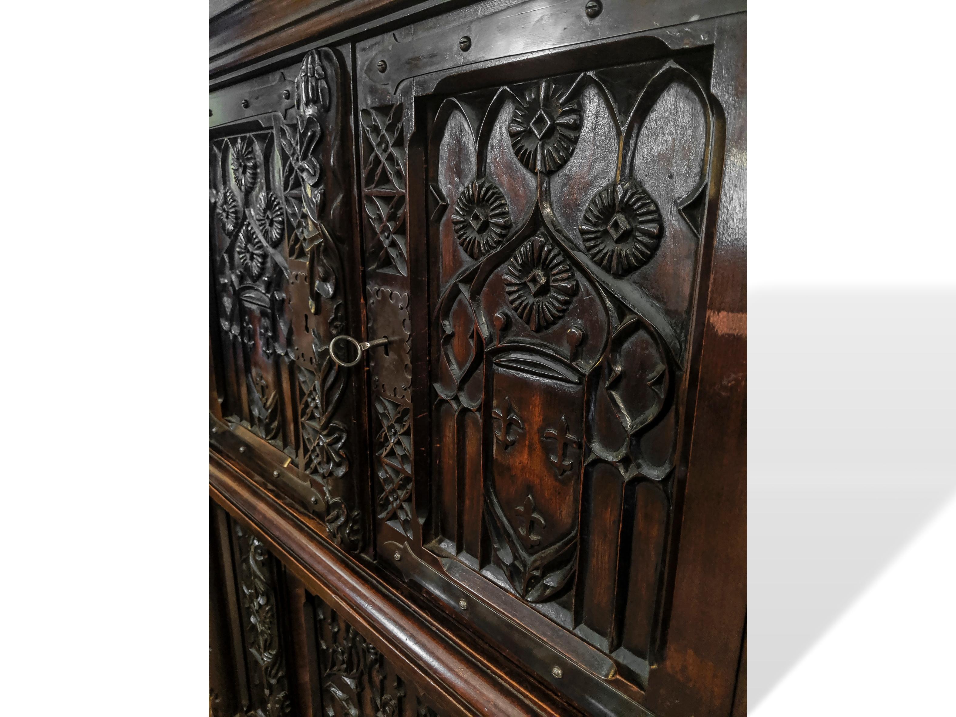 Hand Carved Mahogany Gothic Revival Cabinet Court Cupboard, Belgium, circa 1880 1
