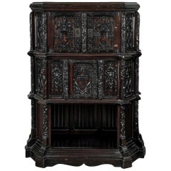 Hand Carved Mahogany Gothic Revival Cabinet Court Cupboard, Belgium, circa 1880