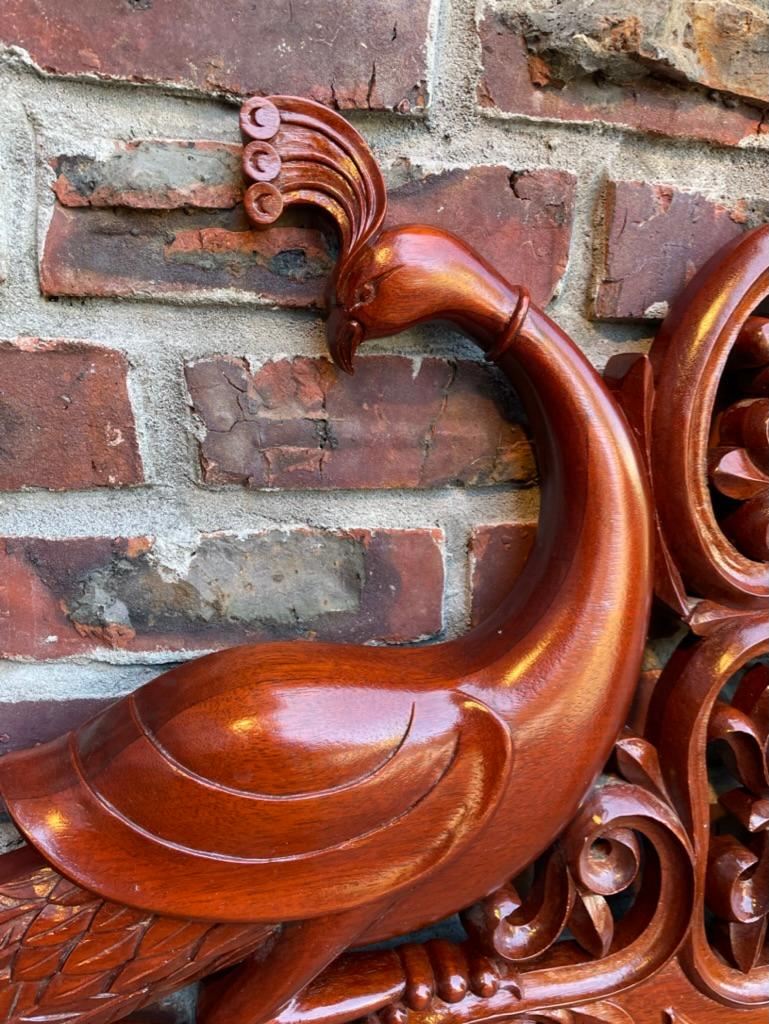 Hand Carved Mahogany Headboard with Peacocks and Heart For Sale 4