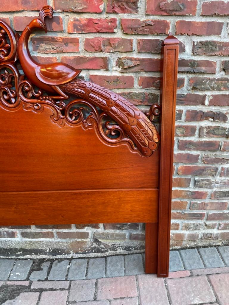 Other Hand Carved Mahogany Headboard with Peacocks and Heart For Sale