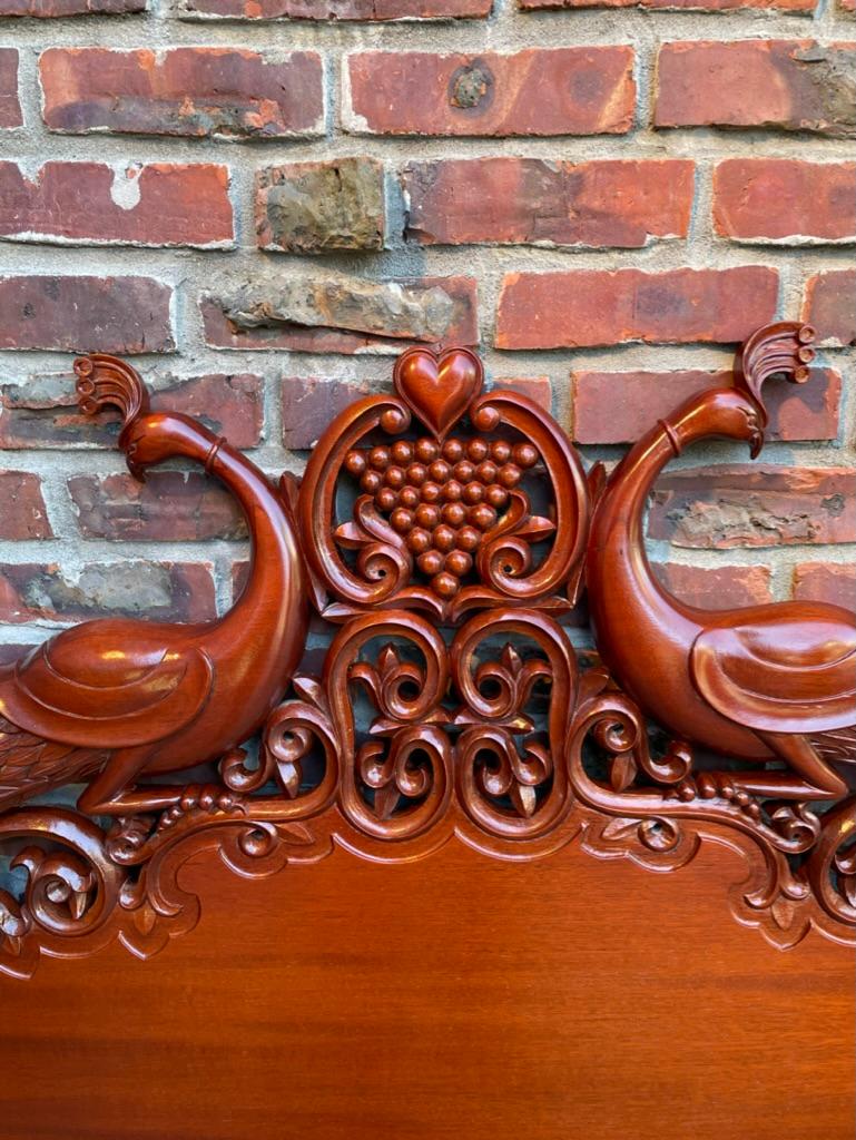 American Hand Carved Mahogany Headboard with Peacocks and Heart For Sale