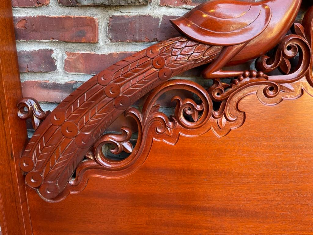 Hand Carved Mahogany Headboard with Peacocks and Heart In Excellent Condition In Stamford, CT