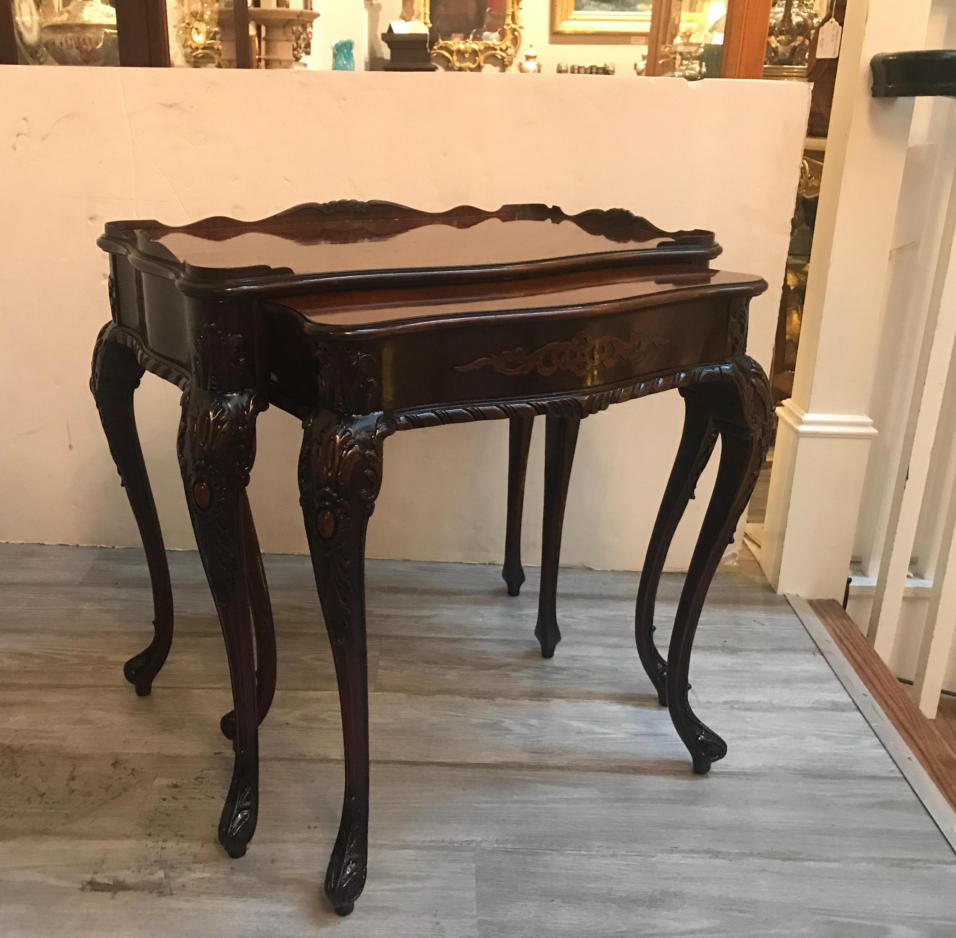 American Hand Carved Mahogany Nest of Tables