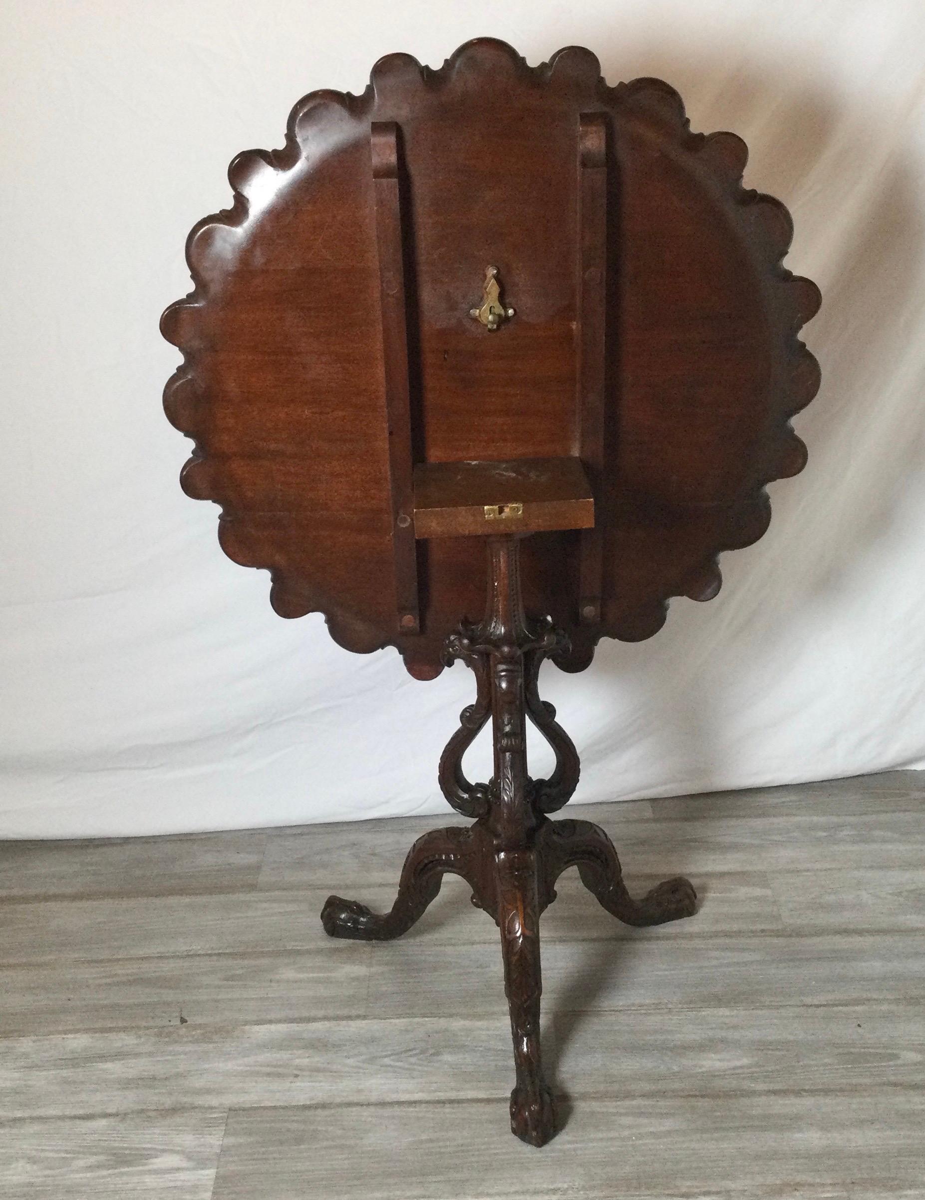 Late 19th Century Hand Carved Mahogany Tilt Top Tea Table, Circa 1890 For Sale