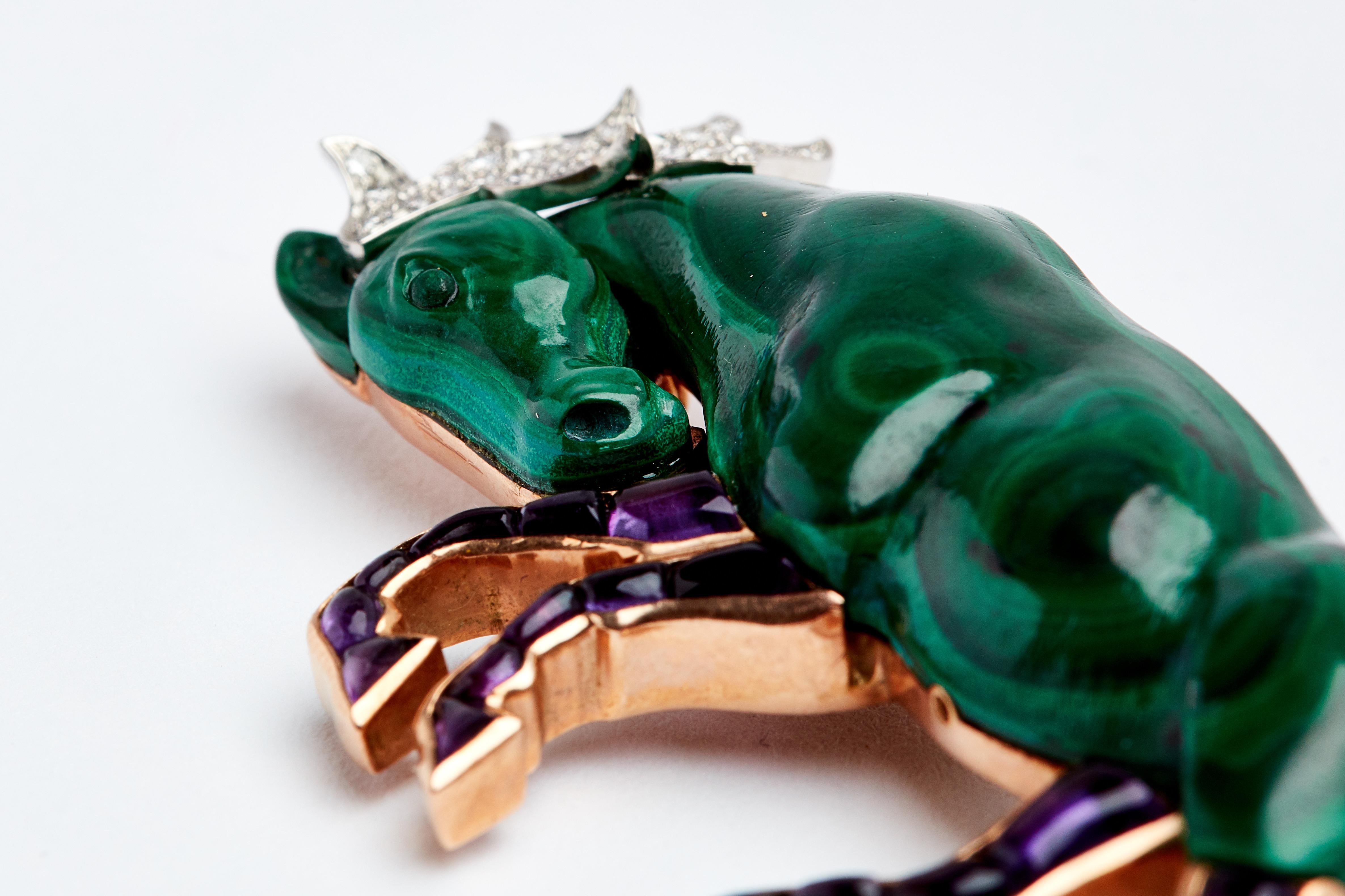 Hand Carved Malachite Amethyst and diamond Horse brooch. 2.5 inch by 1.25 inch. 
