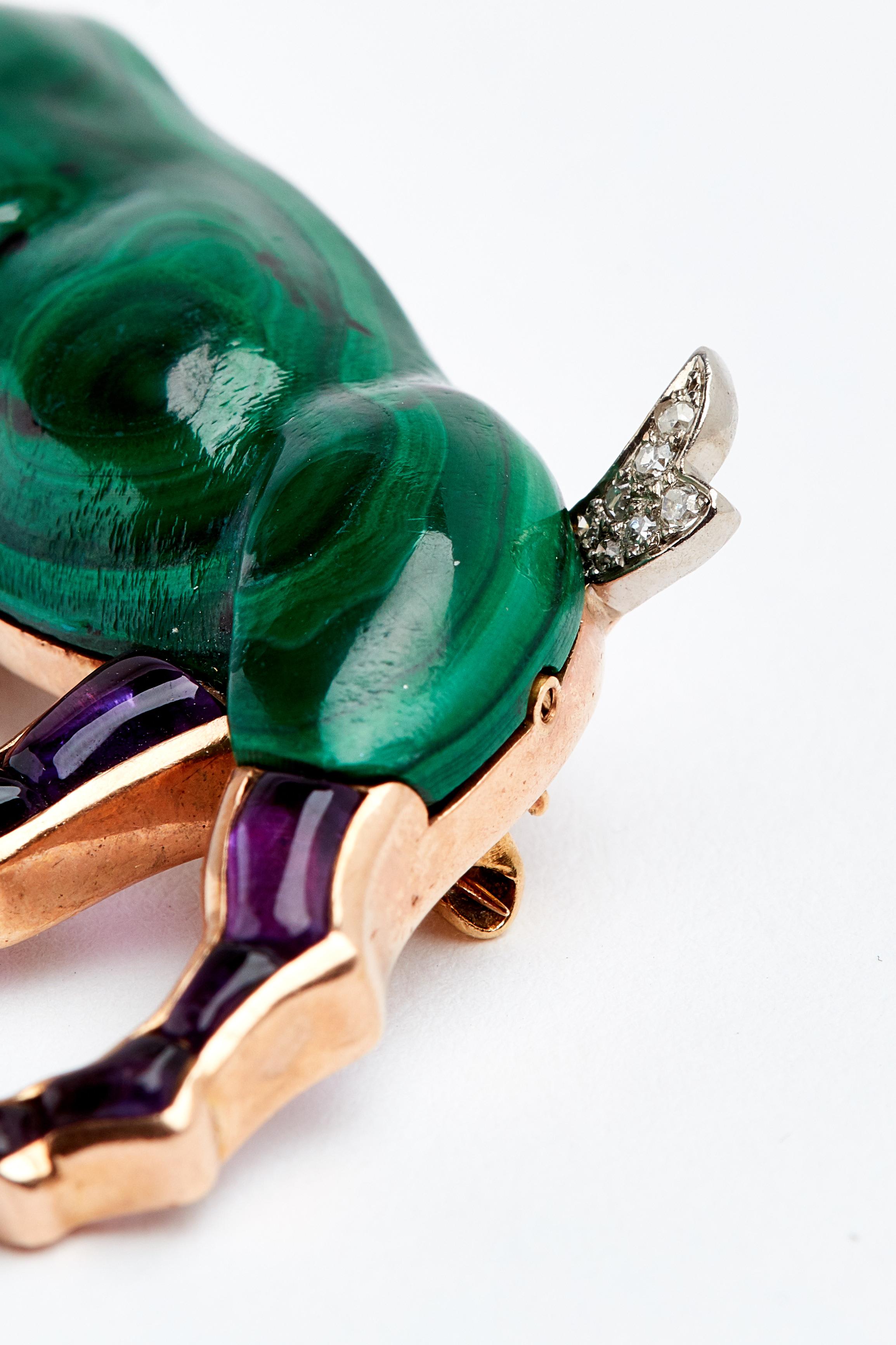 Hand Carved Malachite Amethyst and Diamond Horse Brooch In Good Condition In New York, NY