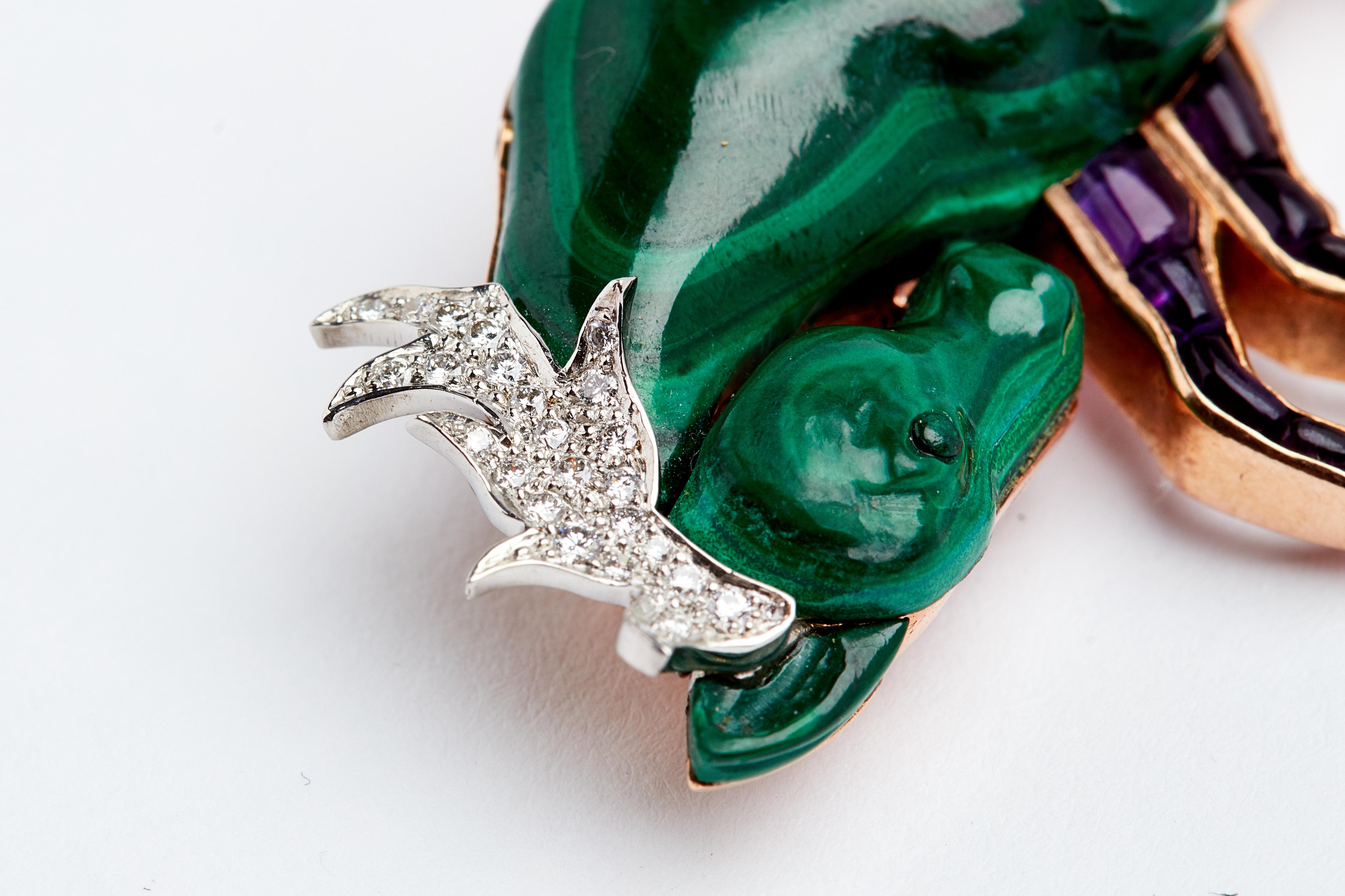 Women's or Men's Hand Carved Malachite Amethyst and Diamond Horse Brooch
