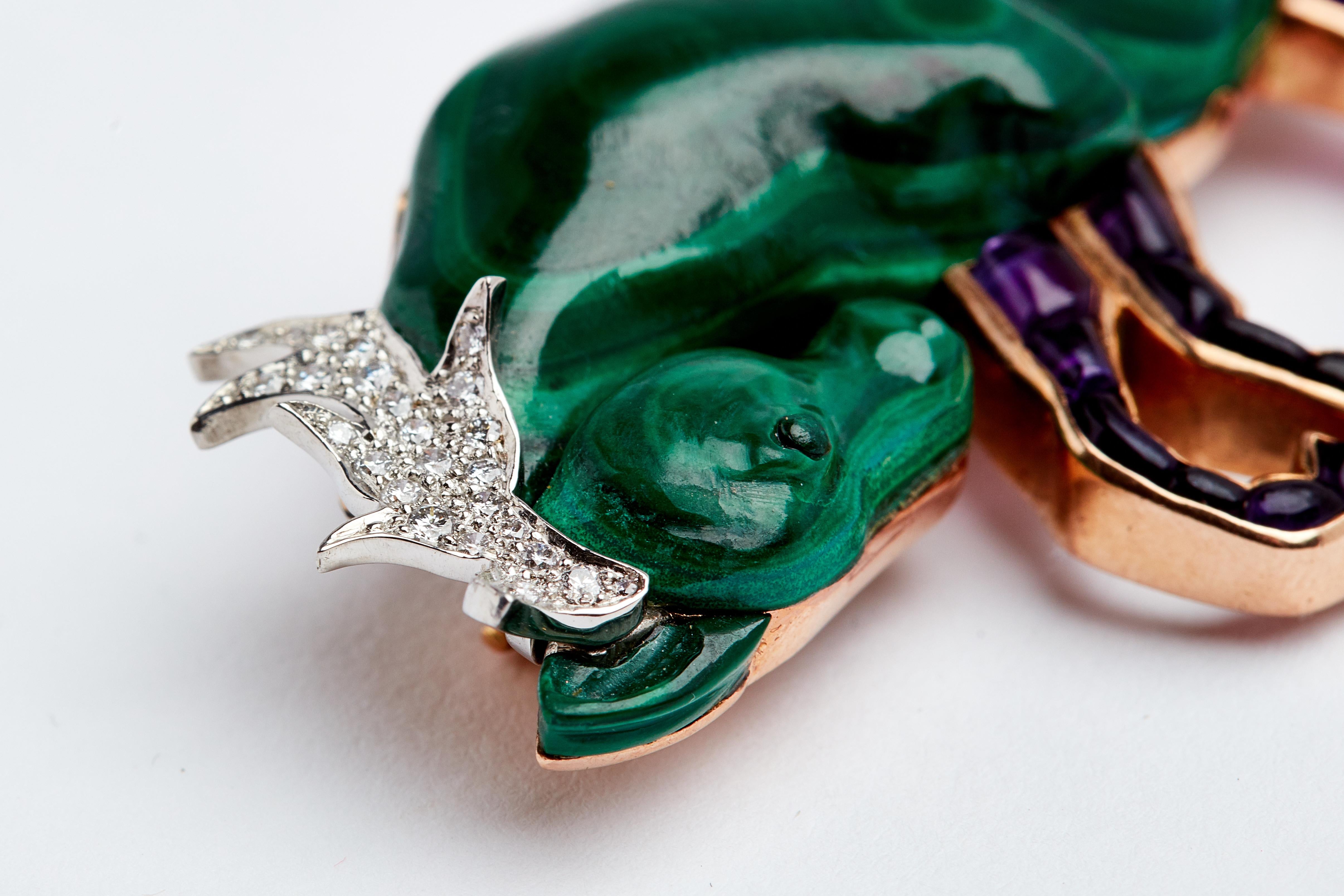 Hand Carved Malachite Amethyst and Diamond Horse Brooch 2