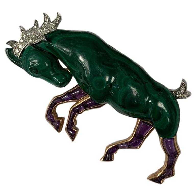 Hand Carved Malachite Amethyst and Diamond Horse Brooch