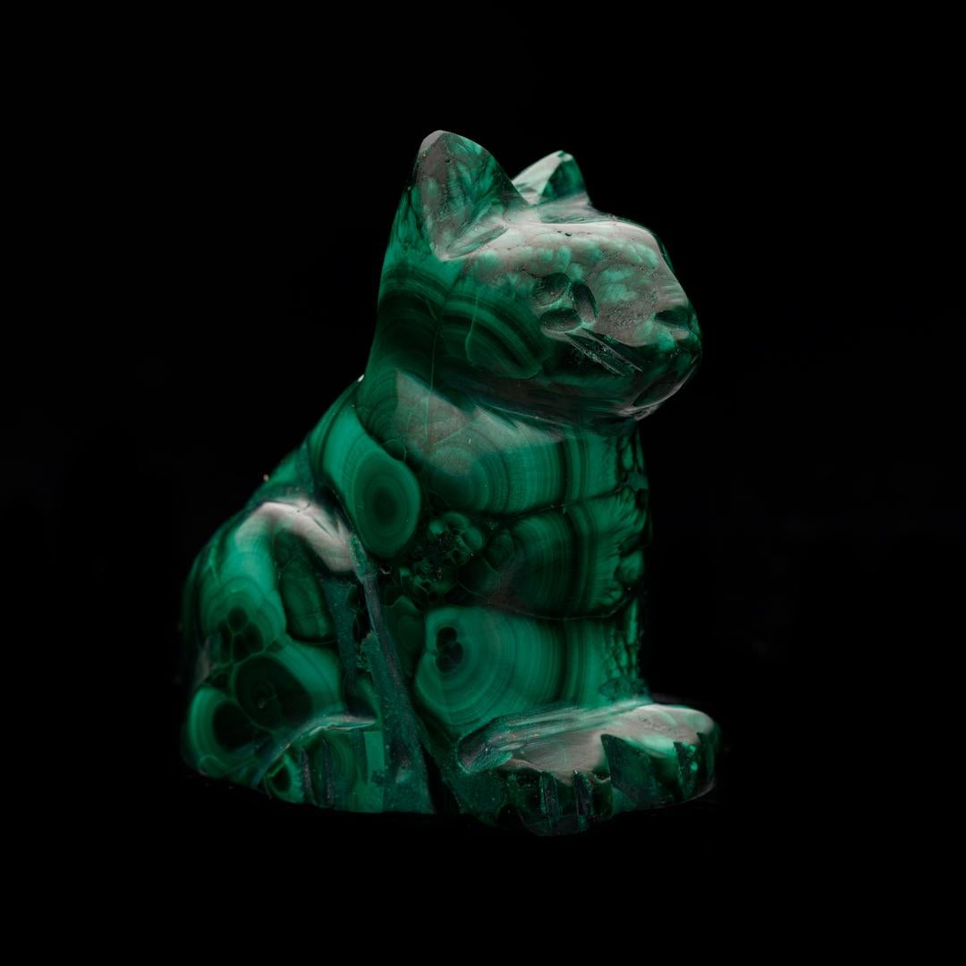 Diese üppige grüne Kupferkarbonat-Mineralprobe aus der Demokratischen Republik Kongo wurde fachmännisch von Hand zu einer detaillierten Katze geschnitzt und von Hand zu einem brillanten Glanz poliert, um die herrlichen Farben und die Bänderung