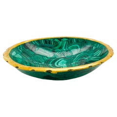 Hand-Carved Malachite Dish Trinket Bowl with Gold Rim