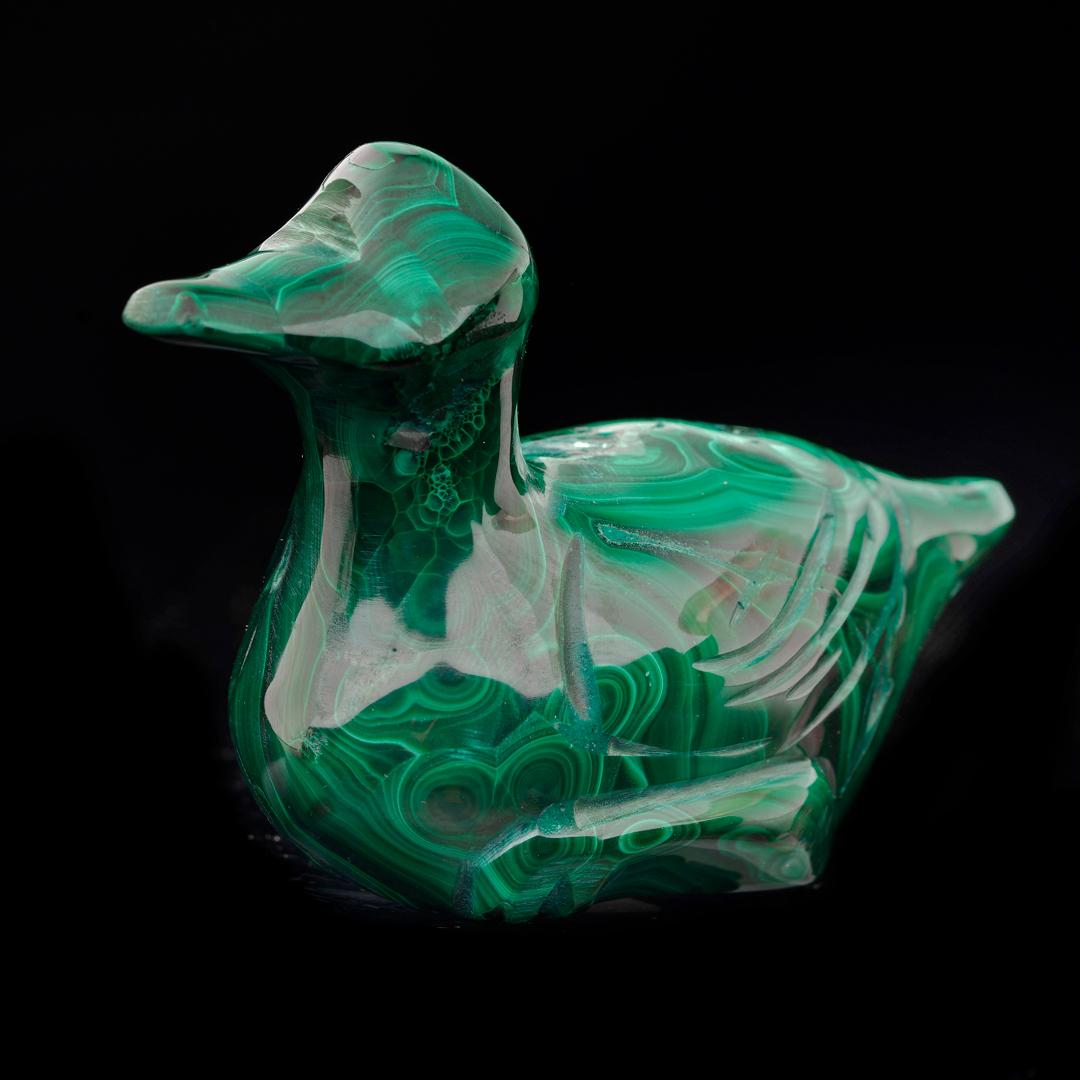 Diese üppige grüne Kupferkarbonat-Mineralprobe aus der Demokratischen Republik Kongo wurde fachmännisch von Hand in eine kompliziert detaillierte Ente geschnitzt und von Hand auf einen brillanten Glanz poliert, um ihre herrlichen Farben und Bänder