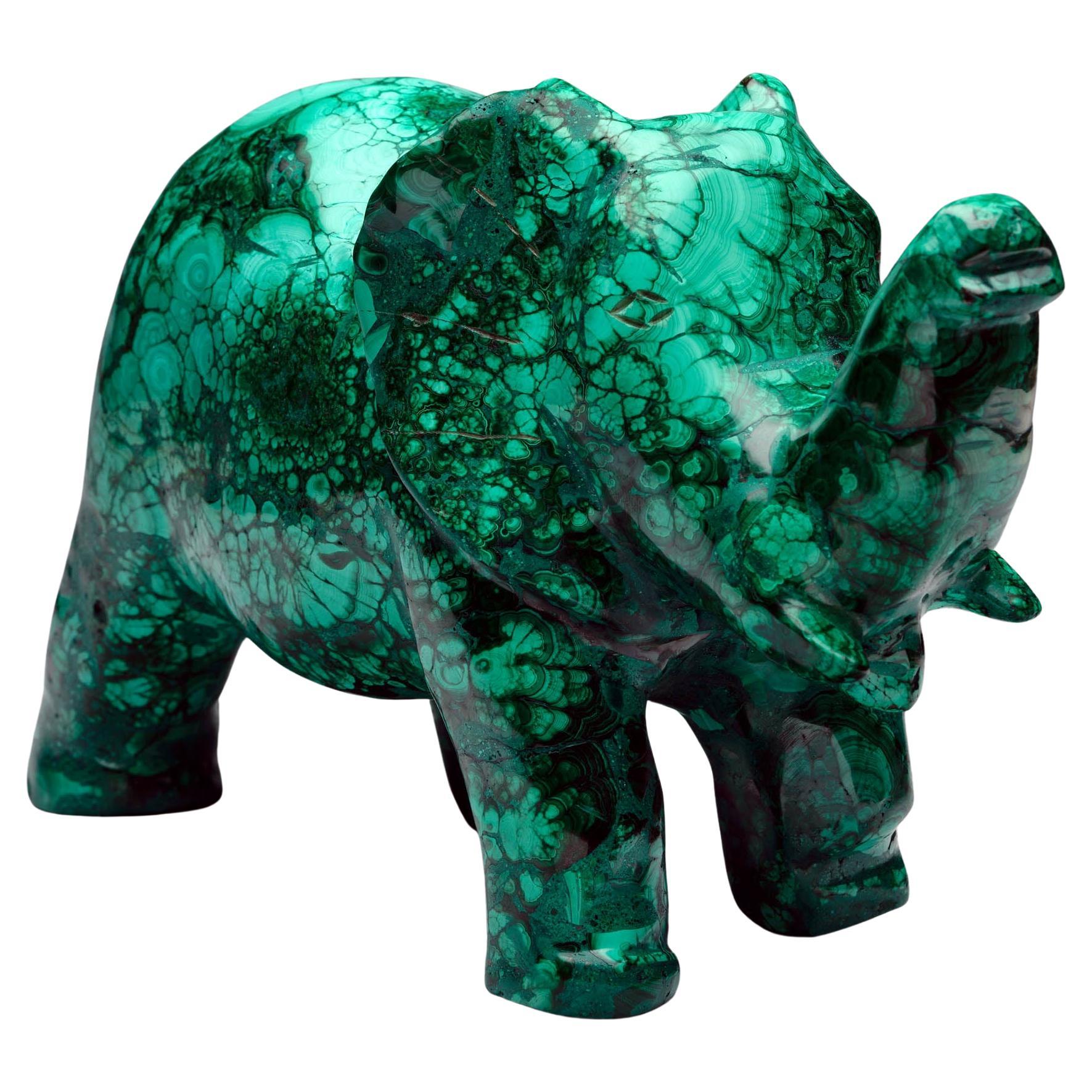 Hand-Carved Malachite Elephant