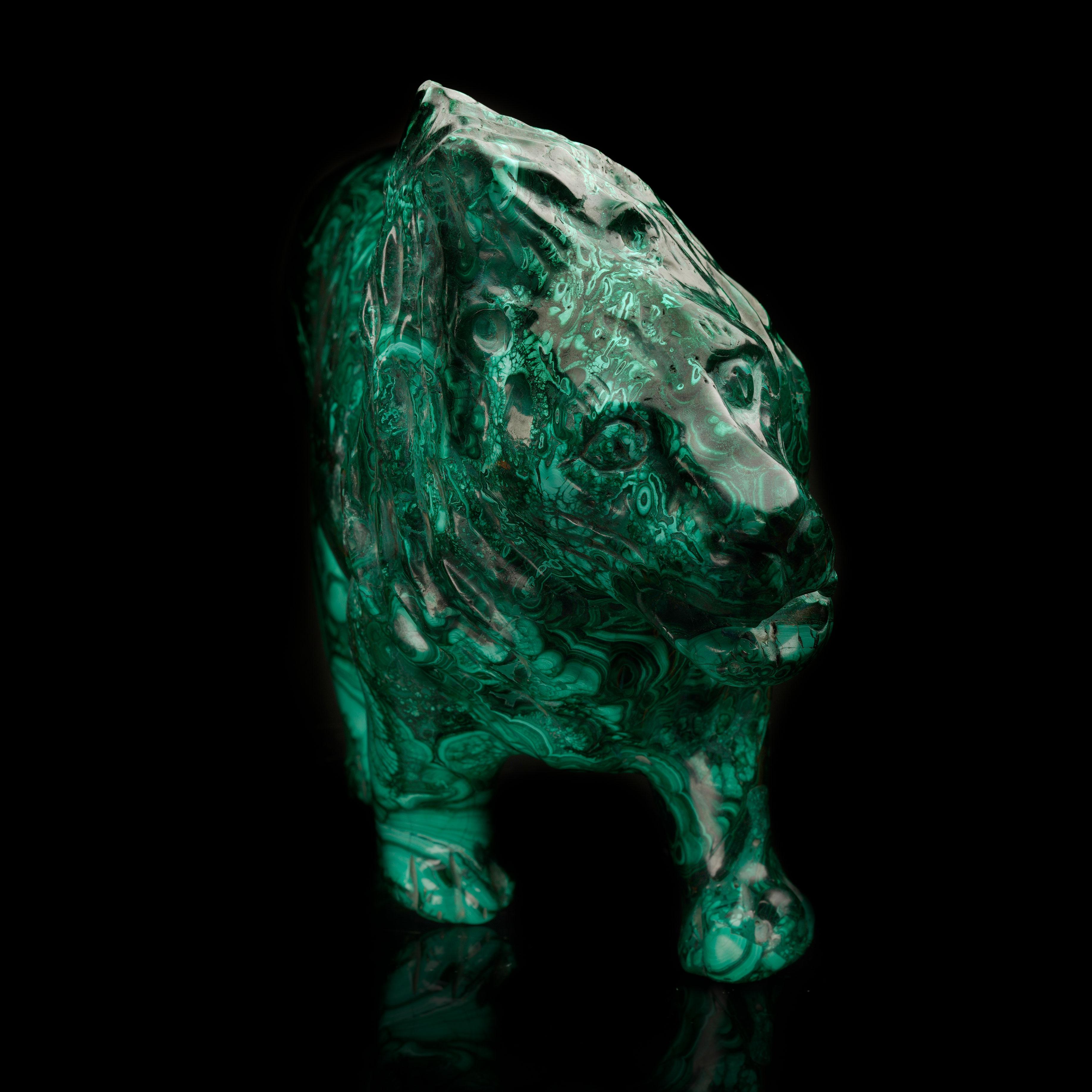 Introducing our exquisite Hand Carved Malachite Lion, a stunning masterpiece from the heart of the Republic of Congo. This majestic sculpture is a testament to the unparalleled craftsmanship and natural beauty of Congolese artistry.

Key