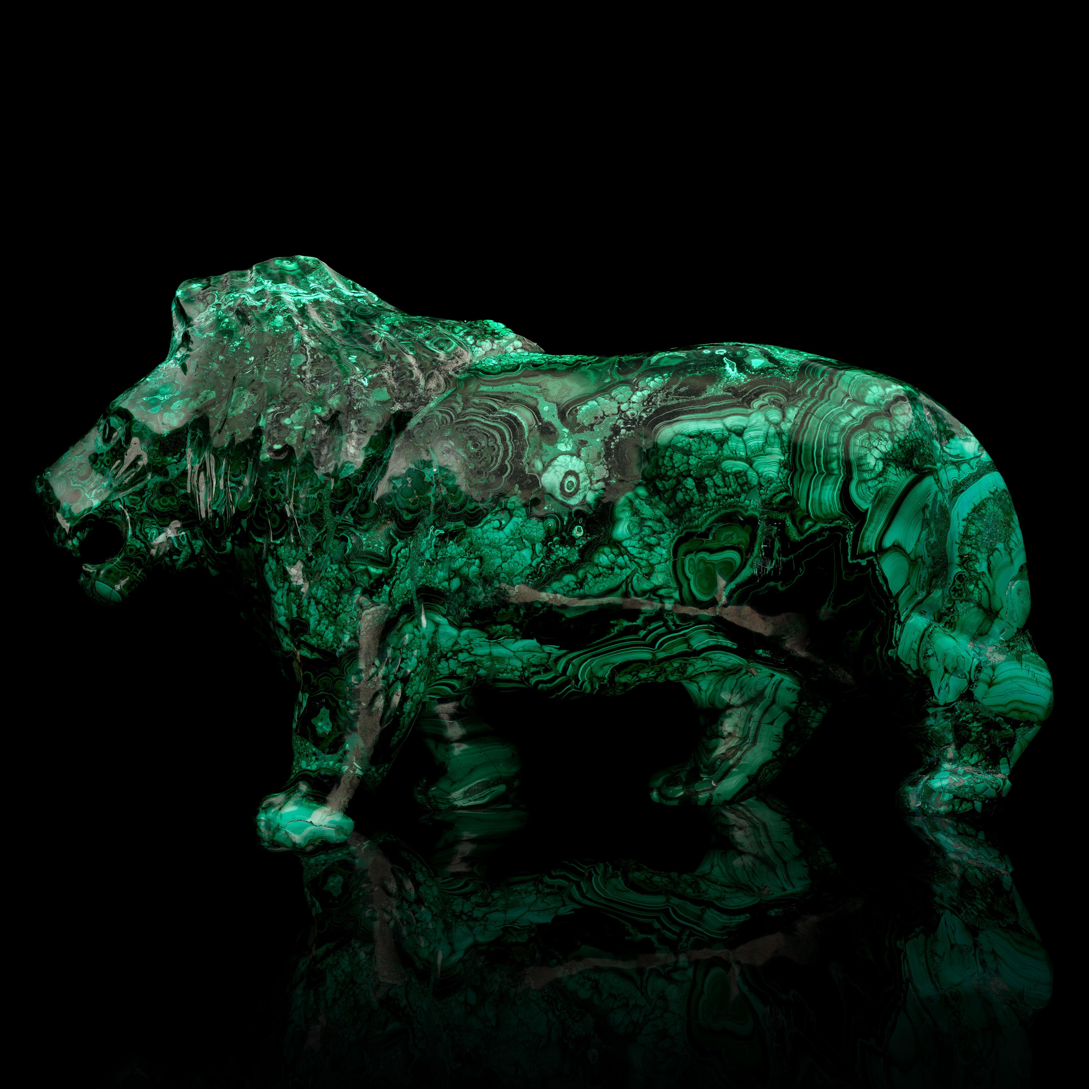 Contemporary Hand Carved Malachite Lion // 27.5 LB For Sale